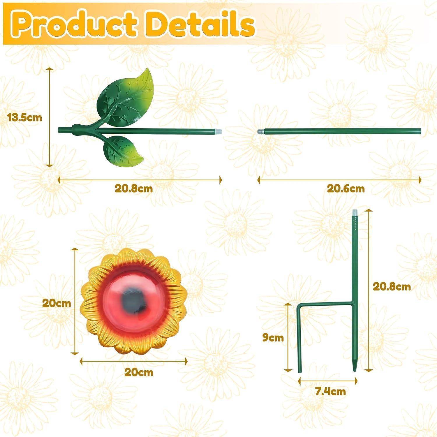 Produktdetaildiagramm, das einen sonnenblumenförmigen Gartenstab oder eine Stütze zeigt: Die Abmessungen umfassen 13,5 cm Höhe, 20,8 cm Länge, 20,6 cm Länge, 20 cm Durchmesser, 9 cm und 7,4 cm Stützmaße.