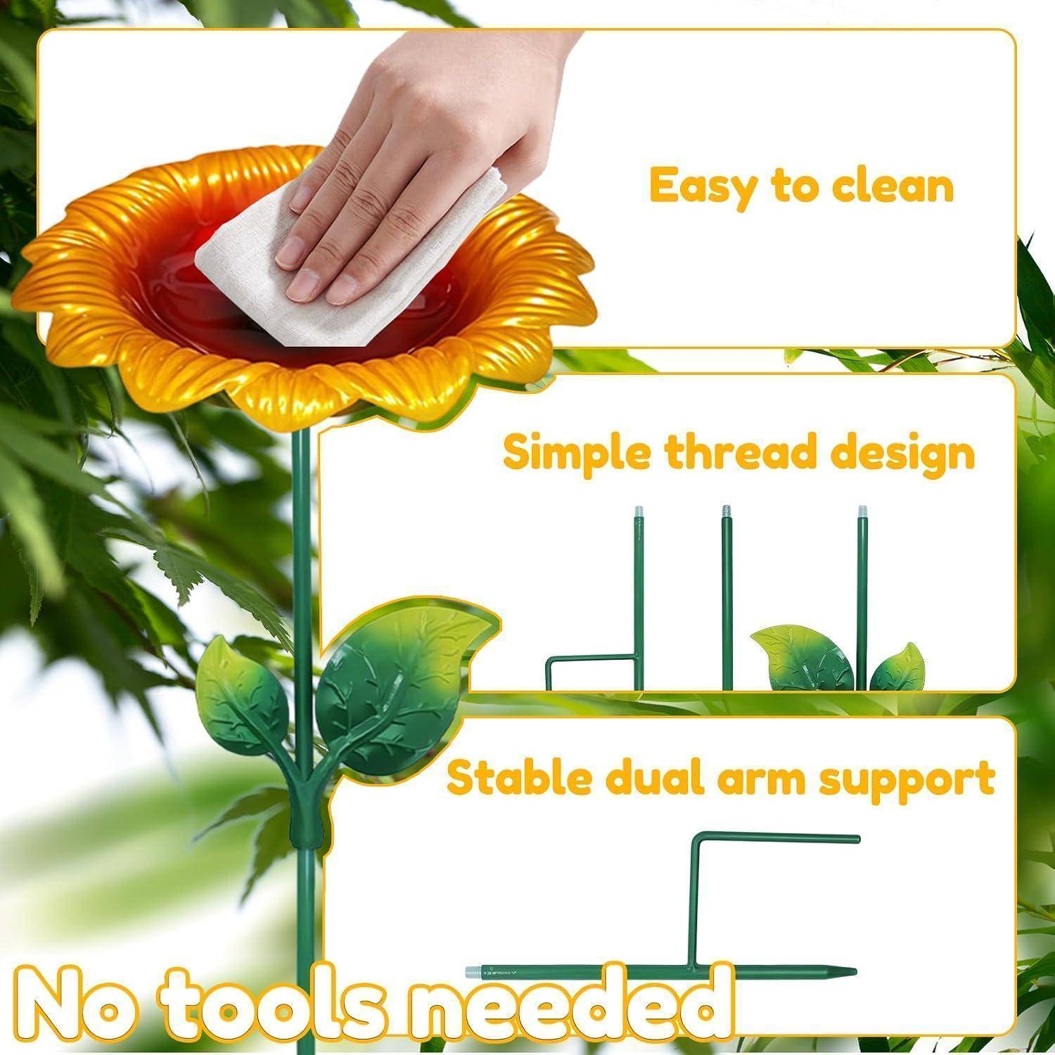 Blumenförmiger Gartenständer mit Hand, die die Oberfläche abwischt; Text hebt hervor „Leicht zu reinigen", „Einfaches Gewinddesign"", „Stabiler Dualarm-Support"" und „Keine Werkzeuge erforderlich"".