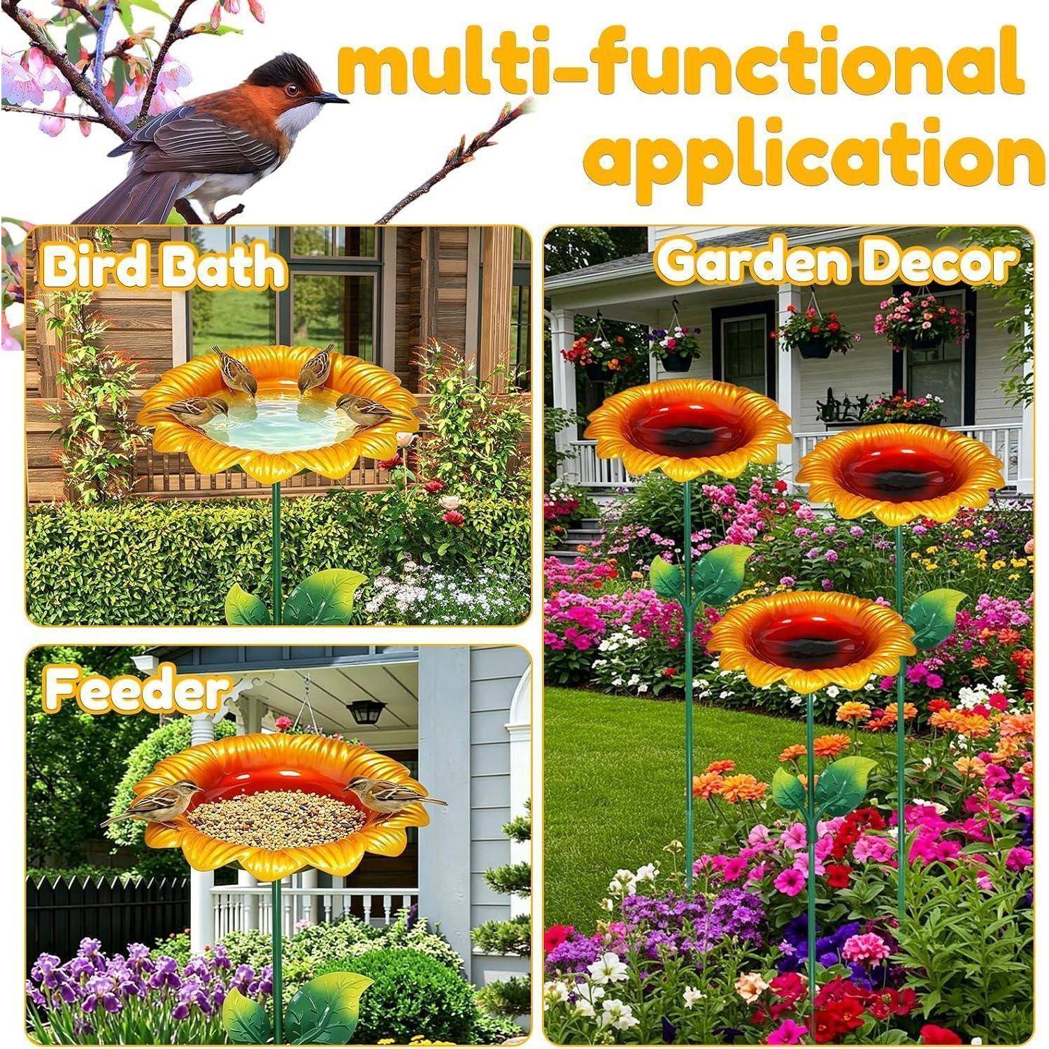 Werbebild mit einem sonnenblumenförmigen Gartenstecker, der als Vogeltränke, Vogelfutterstation und dekoratives Hofornament in einem Blumengarten verwendet wird.