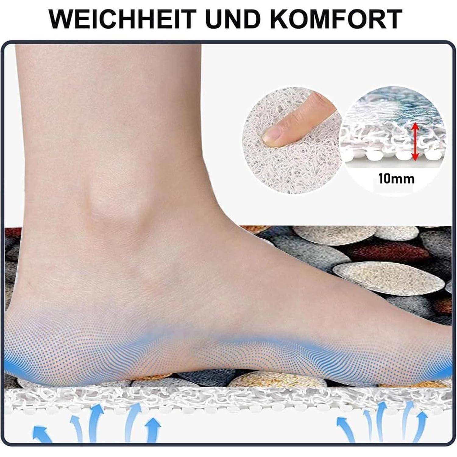 Illustration eines Fußes, der auf einer gepolsterten Matte steht und Weichheit sowie Komfort mit einer 10 mm dicken Schicht und Luftströmungspfeilen darunter zeigt.