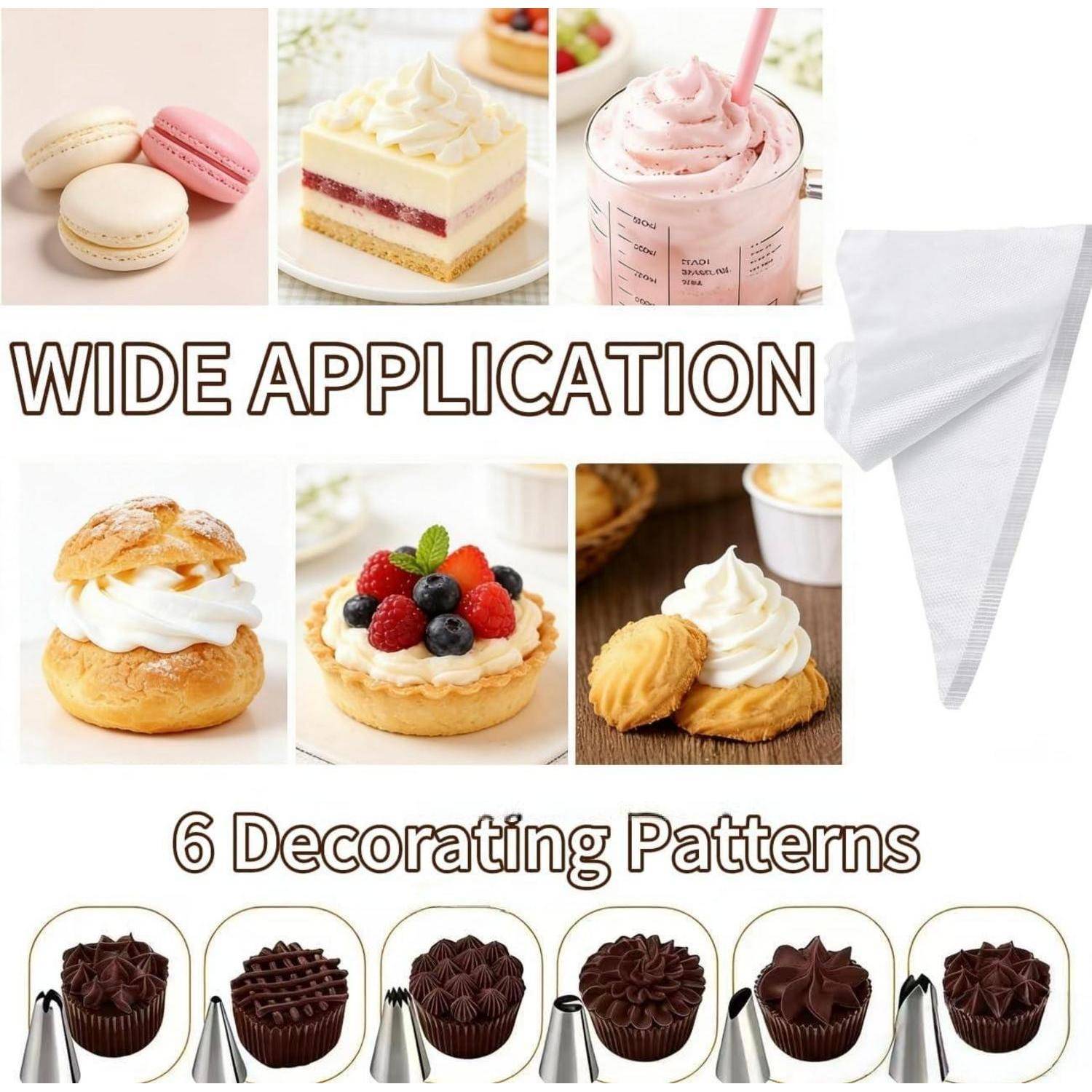 Werbegrafik mit einer Spritzbeutel und sechs Beispielen für Dessert-Dekoration, beschriftet mit „BREITE ANWENDUNG