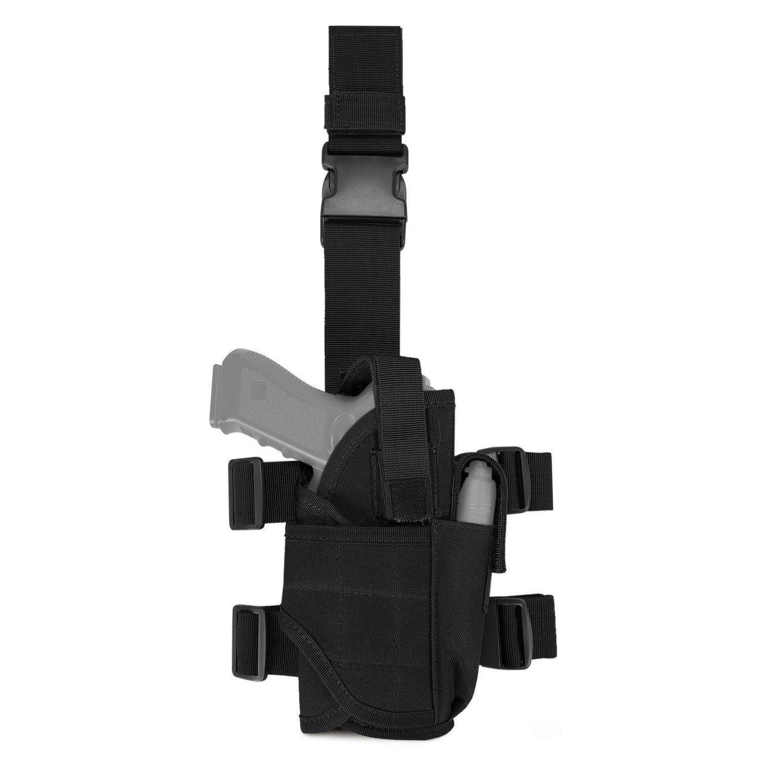 Schwarze taktische Oberschenkelholster mit verstellbaren Riemen, hält eine Handfeuerwaffe und ein Ersatzmagazin, auf weißem Hintergrund gezeigt.