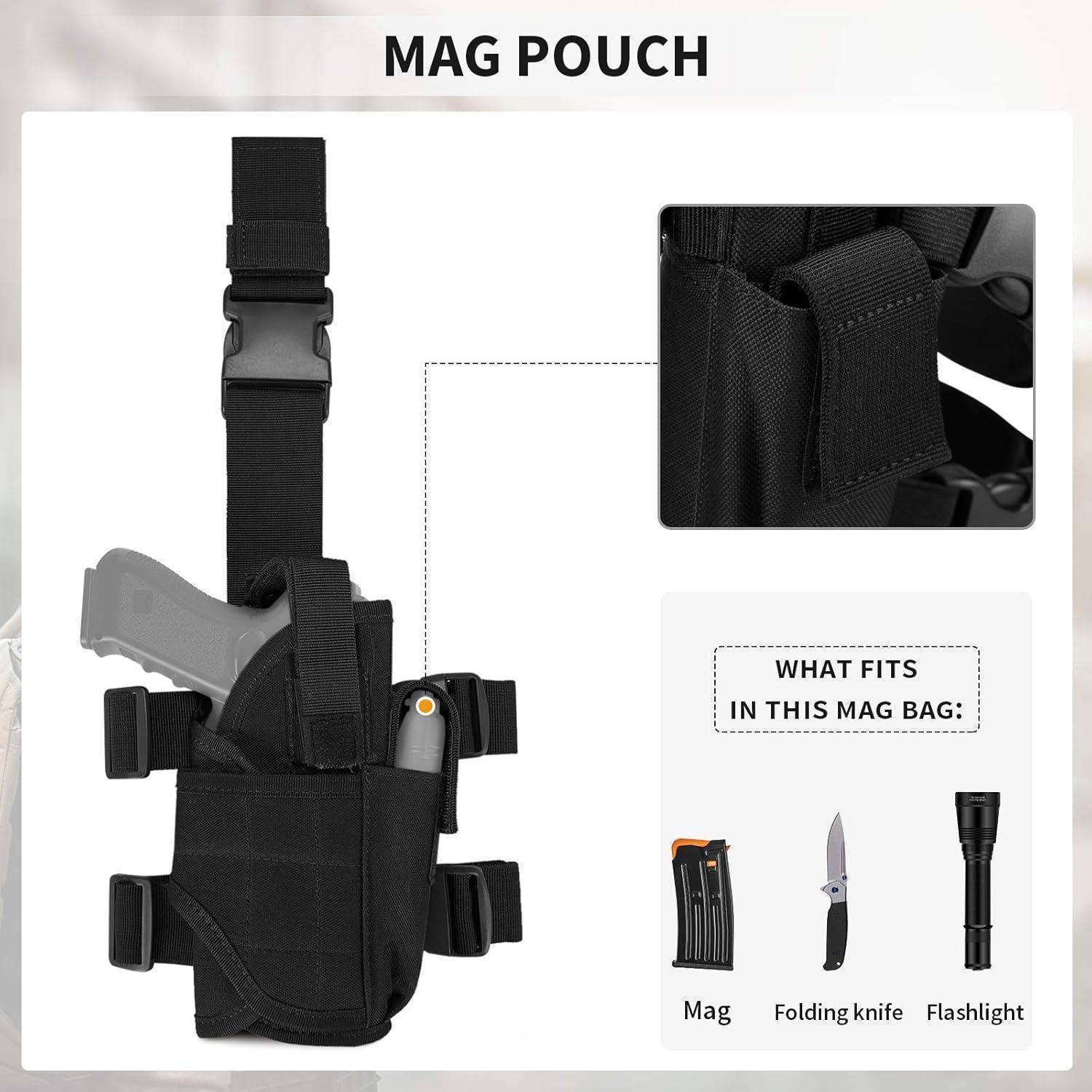 Schwarze taktische Magazintasche an einem Riemen, gezeigt beim Halten eines Magazins; die Vergrößerung zeigt eine Klettverschluss-Klappe, und ein Diagramm zeigt, dass sie ein Magazin, ein Klappmesser und eine Taschenlampe fasst.