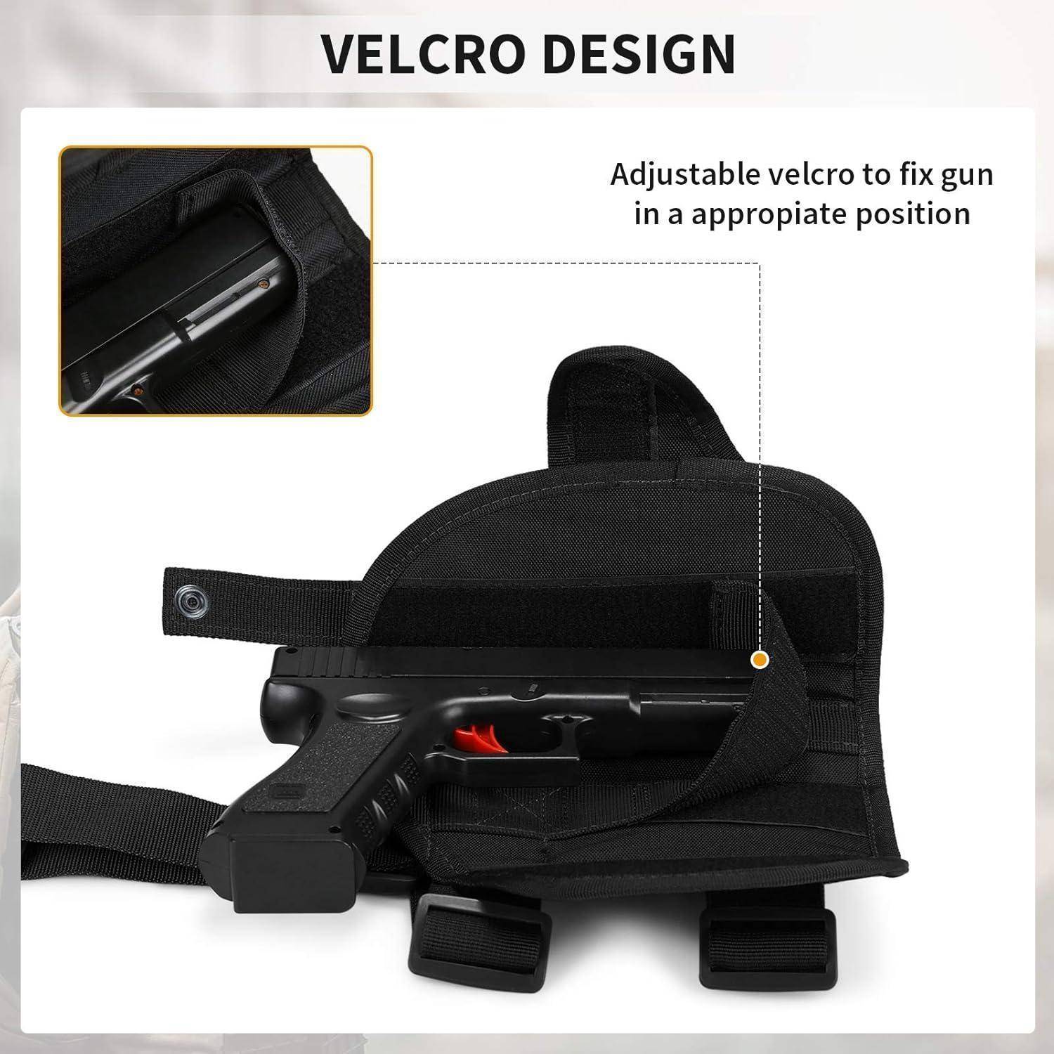 Schwarze Waffenholster mit "VELCRO DESIGN""-Text, zeigt einen verstellbaren Klettverschlussriemen, der eine Handfeuerwaffe in Position sichert.