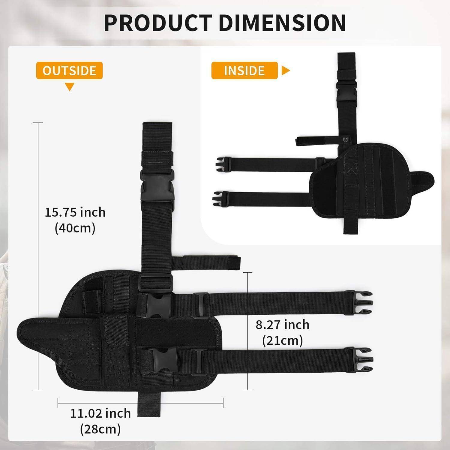 Produktabmessungsdiagramm für ein schwarzes Gerät mit verstellbarem Riemen, das Außen- und Innenansichten mit Abmessungen zeigt: 15,75 Zoll (40 cm), 11,02 Zoll (28 cm) und 8,27 Zoll (21 cm).