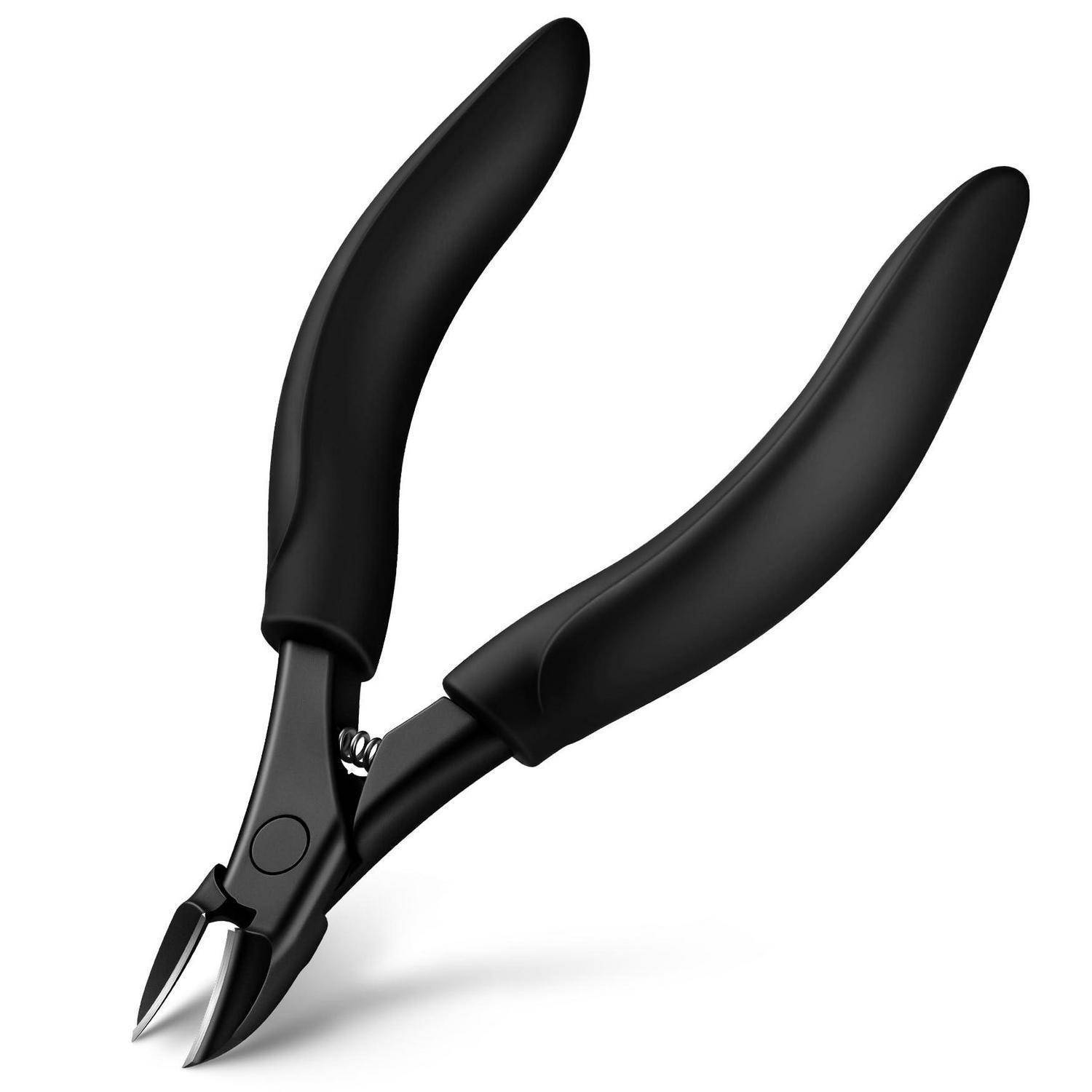 Schwarzer ergonomischer Nagelknipser mit geschwungenen Griffen und abgewinkelten Schneideklingen auf weißem Hintergrund.