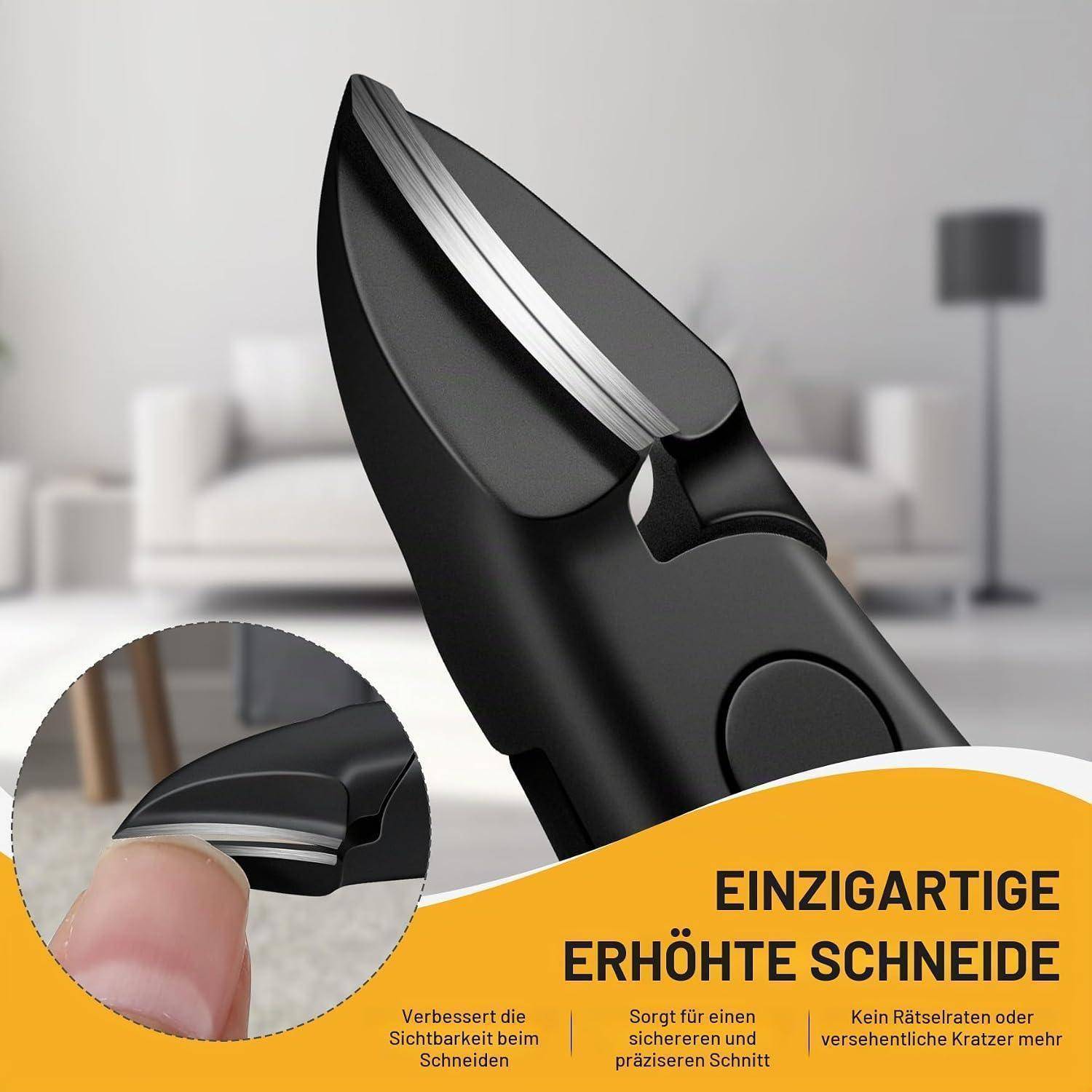 Nahaufnahme einer schwarzen Haustiernagelpflege mit erhobener Klinge, dargestellt mit einem Finger zur Größenreferenz und deutschem Text, der verbesserte Sichtbarkeit und sicheres, präzises Schneiden hervorhebt.