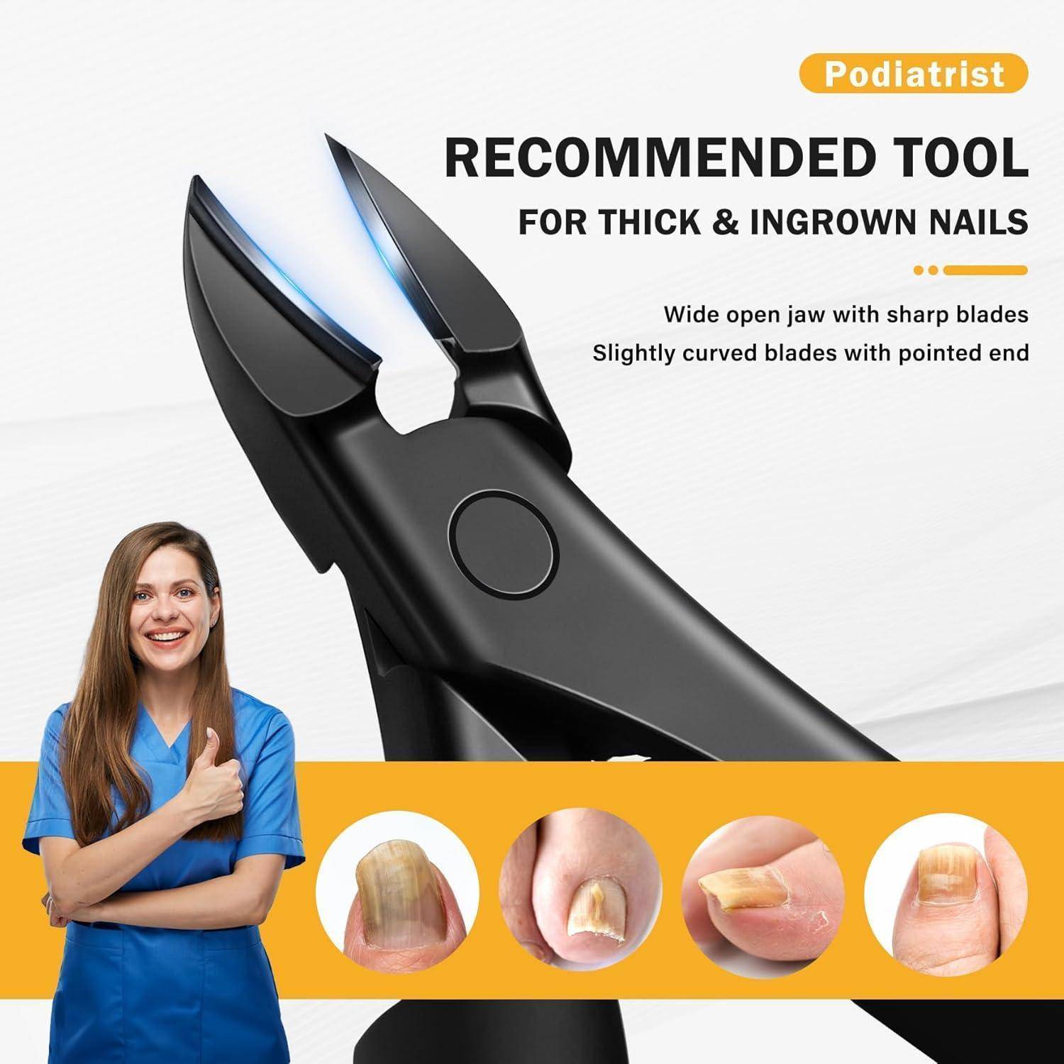 Poster, das einen von Podologen empfohlenen Nagelknipser für dicke und eingewachsene Nägel bewirbt, mit weit geöffnetem Maul, scharfen leicht gebogenen Klingen und Nahaufnahmen von Nagelbeispielen.