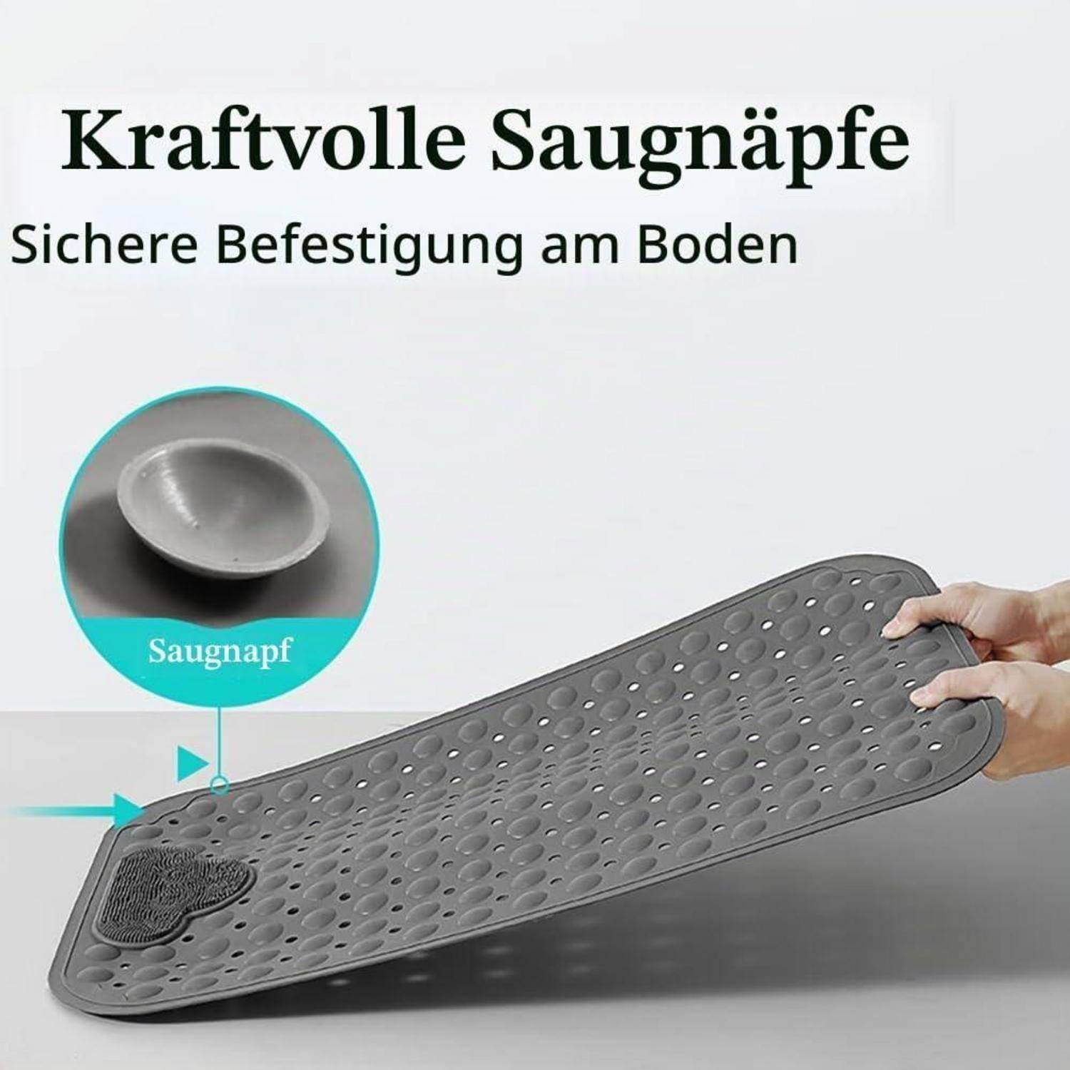 Duschmatte rutschfest 80x50cm TPE Grau mit Fußbürste
