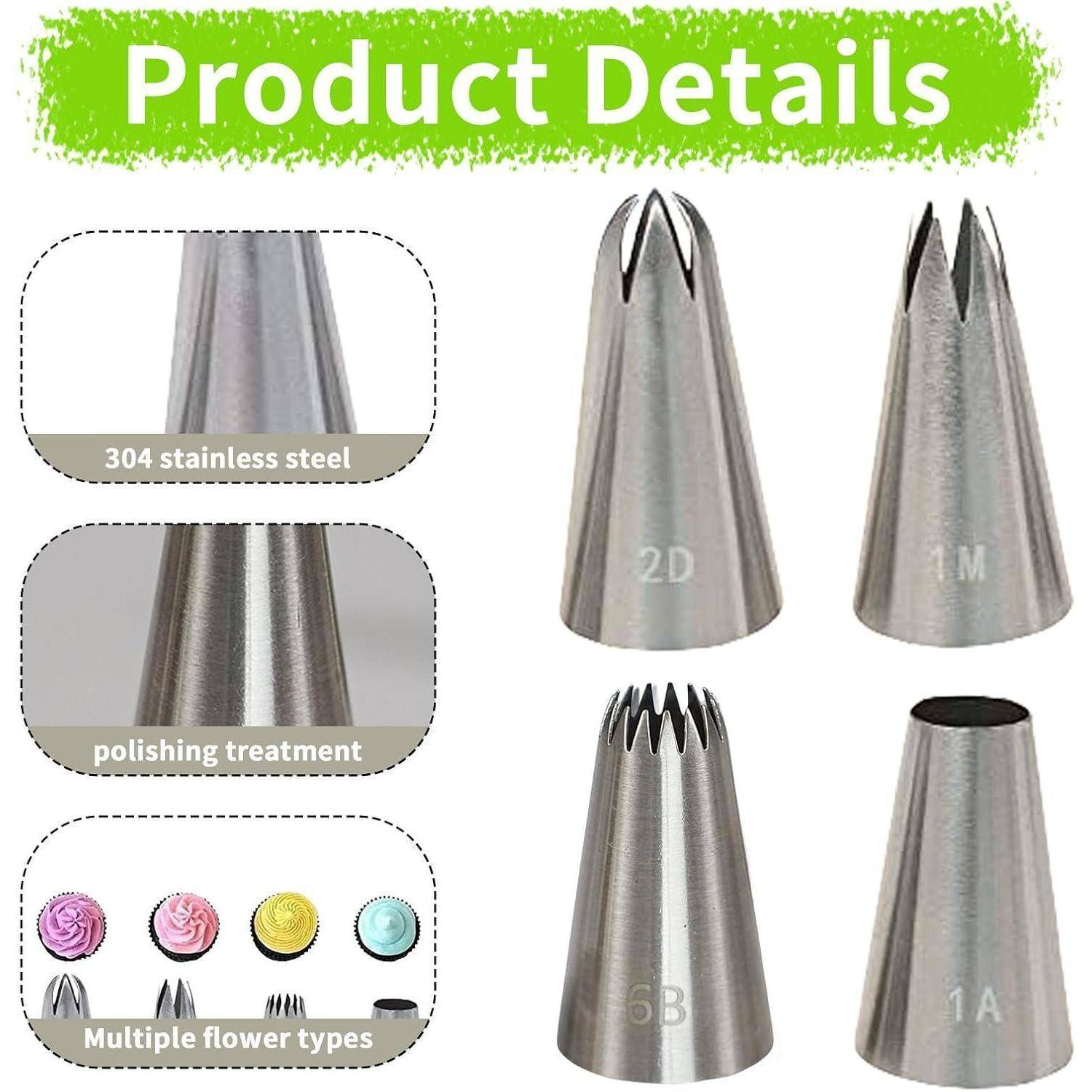 Produktdetails für Edelstahlspritzrohre: 304er Edelstahl, polierte Oberfläche und mehrere Blütenloch-Stilarten mit den Bezeichnungen 2D, 1M, 6B und 1A.