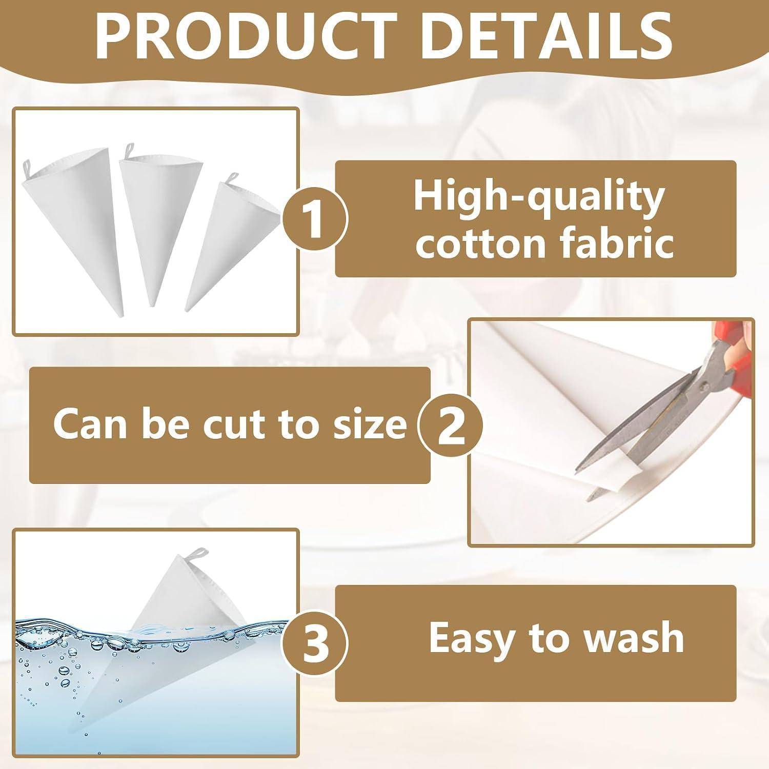 Produktdetails-Infografik: hochwertiger Baumwollstoff, kann zugeschnitten werden, und leicht zu waschen, dargestellt mit Stoffrollen, Schere und Wasser.