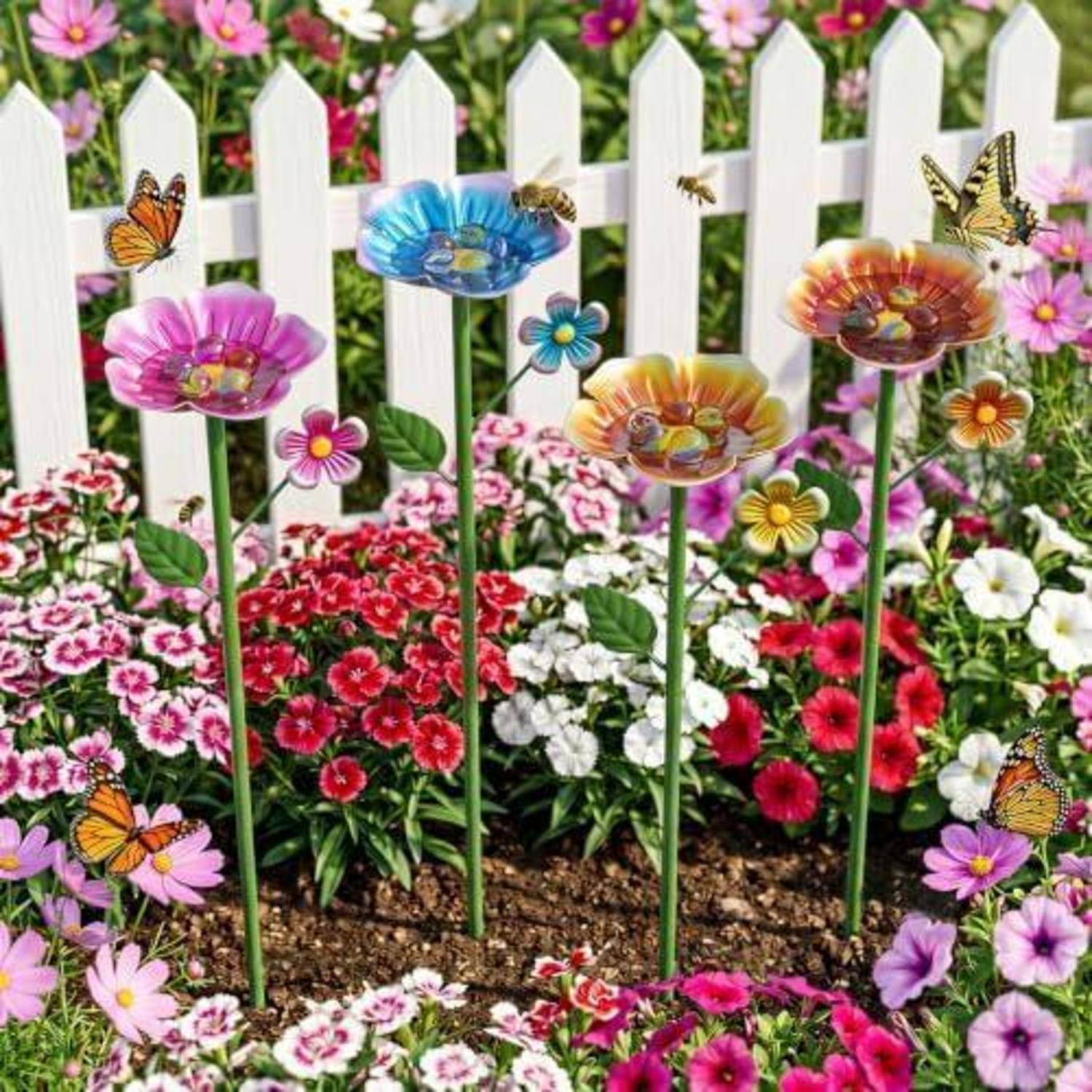Farbenfroher Blumengarten mit dekorativen Glasblumenstöcken und Schmetterlingen vor einem weißen Lattenzaun.