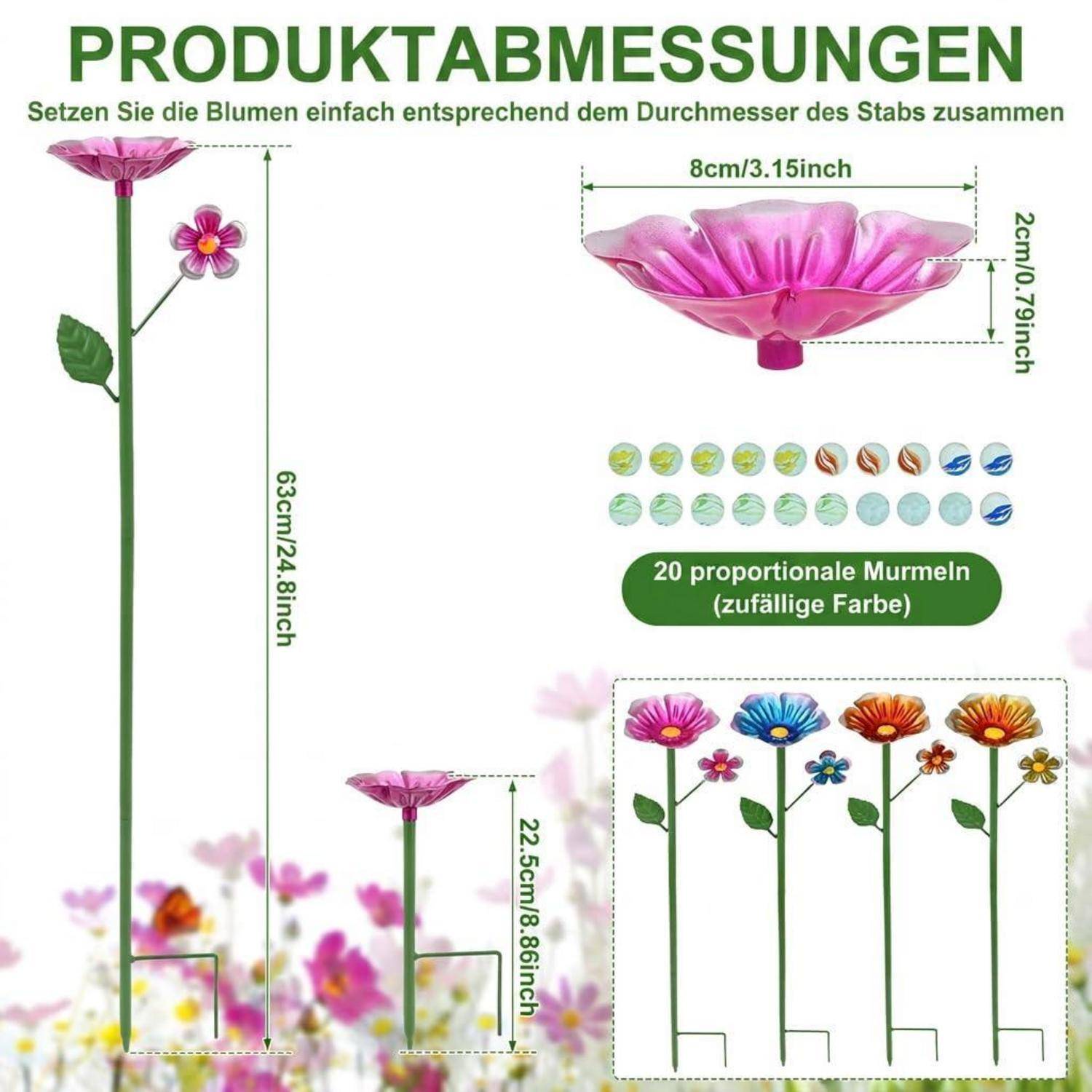 Produktgrößendiagramm für einen Blumenstab, zeigt einen 63 cm hohen Stiel, 8 cm breite Blumenspitze, 2 cm Tiefe und 20 sortierte Murmeln im Lieferumfang enthalten.