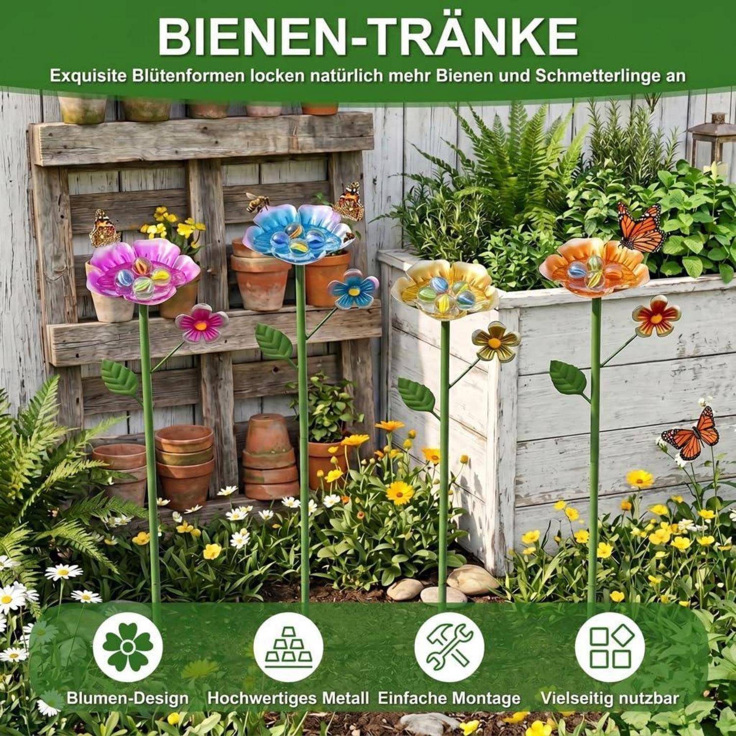 4er Set Bienentränke Metall Blüten mit Glasperlen