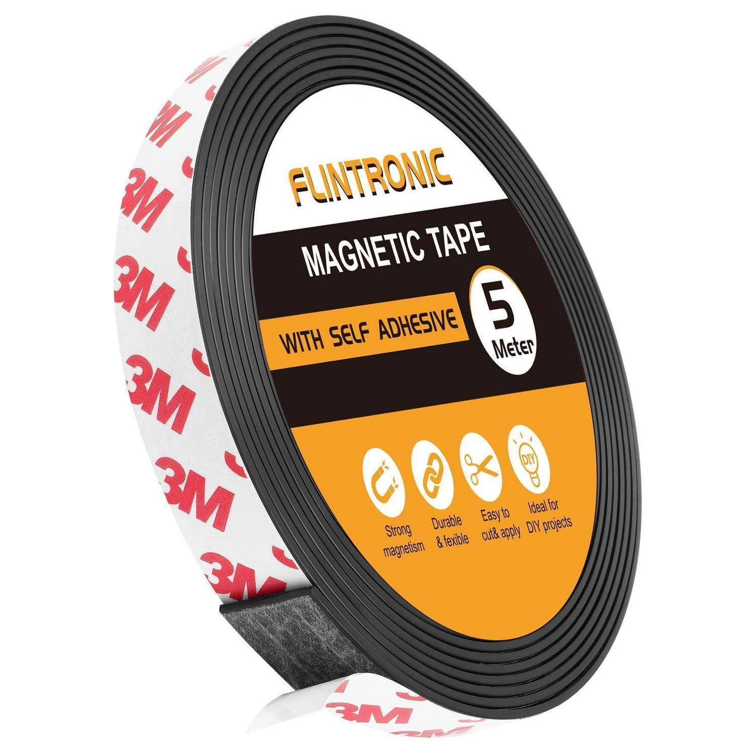 Rundrolle aus FUNTRONIC Magnetband mit selbstklebendem 3M-Rücken, mit Beschriftung 5 Meter, für DIY-Projekte.