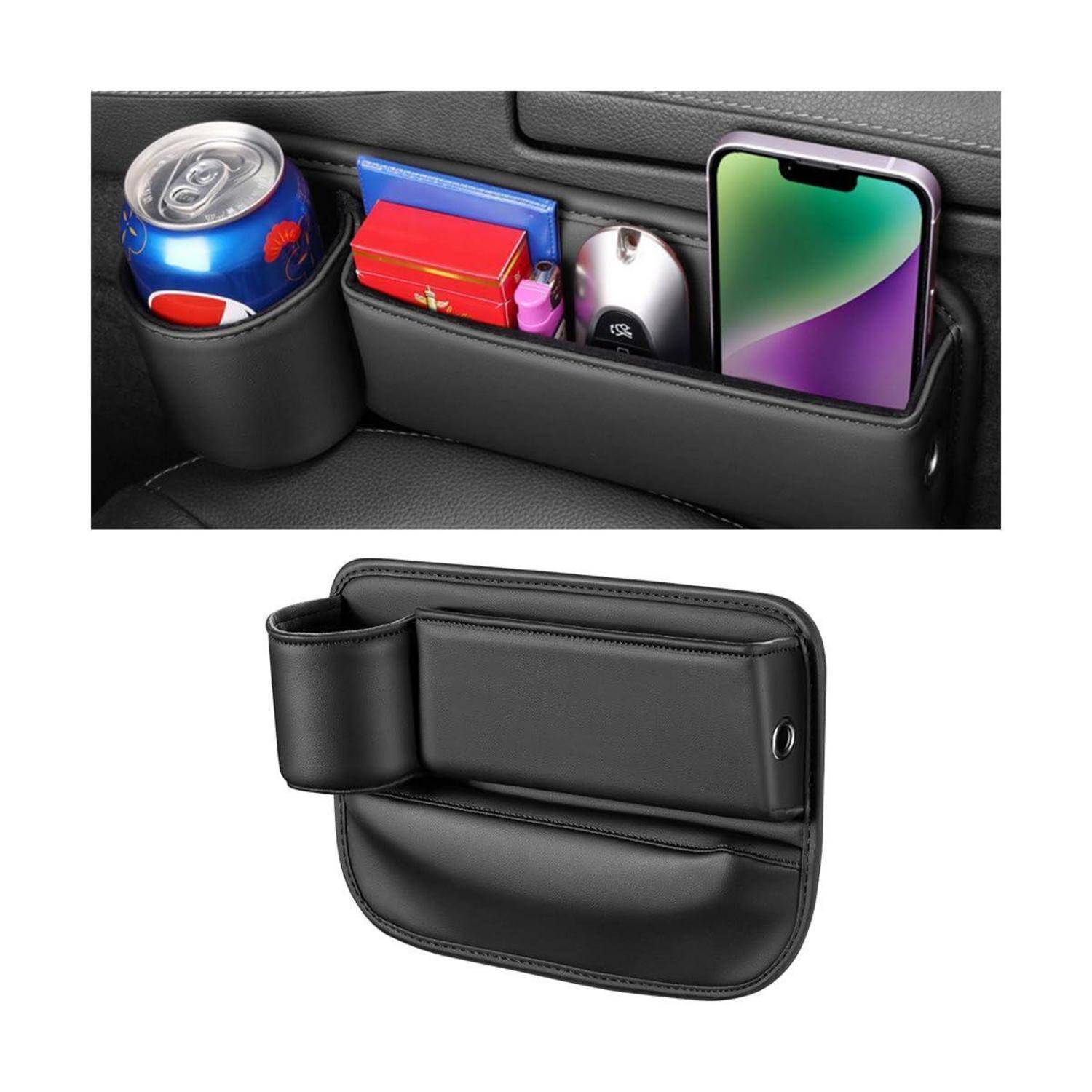 Schwarzer Auto-Sitzspalt-Organizer mit Getränkehalter, Taschen und Telefonspeicher, gezeigt als installiert im Auto und als eigenständiges Produkt.