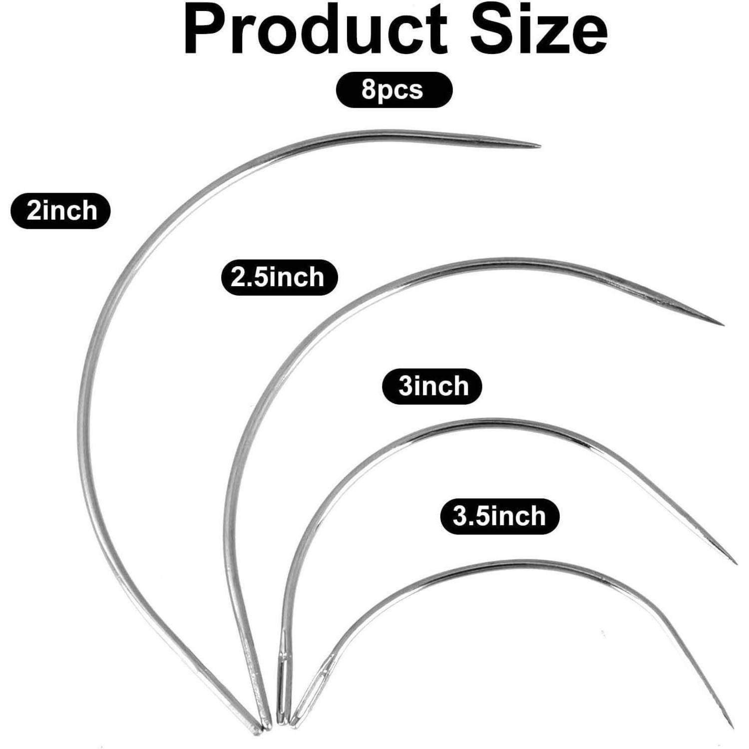 Größentabelle für Produkte mit vier gebogenen Metallnadeln mit den Bezeichnungen 2 Zoll, 2,5 Zoll, 3 Zoll und 3,5 Zoll, mit der Angabe „8er Pack" oben.