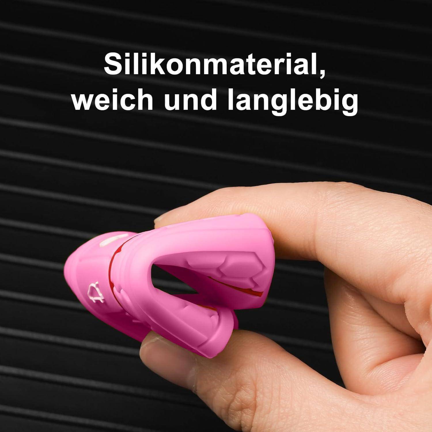 Hand drückt ein weiches rosafarbenes Silikonprodukt; Text sagt „Silikonmaterial, weich und langlebig" (Silikonmaterial, weich und dauerhaft).
