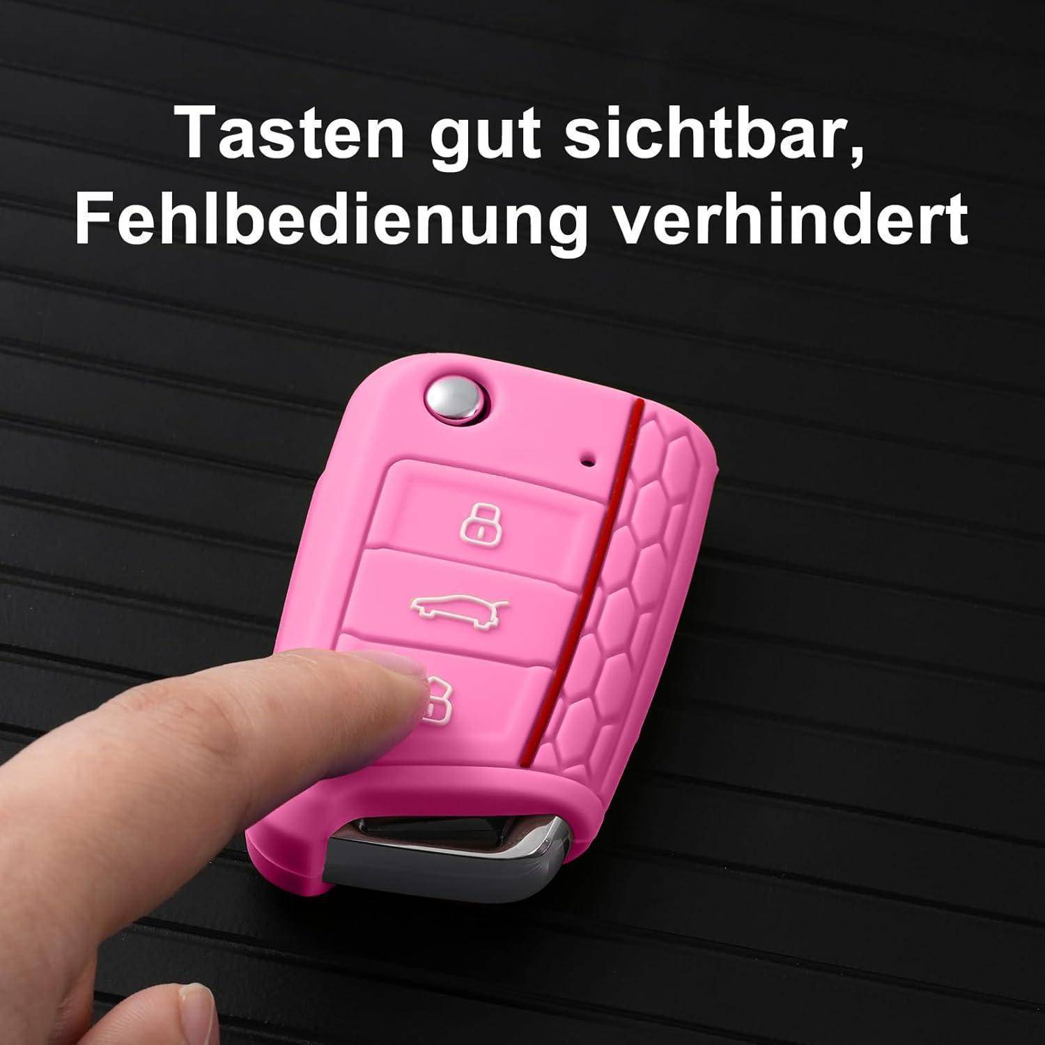 Rosa Autoschlüssel-Fernbedienung mit großen tastbaren Tasten und deutschem Text „Tasten gut sichtbar, Fehlbedienung verhindert", was bedeutet, dass leicht zu erkennende Tasten eine Fehlbedienung verhindern.