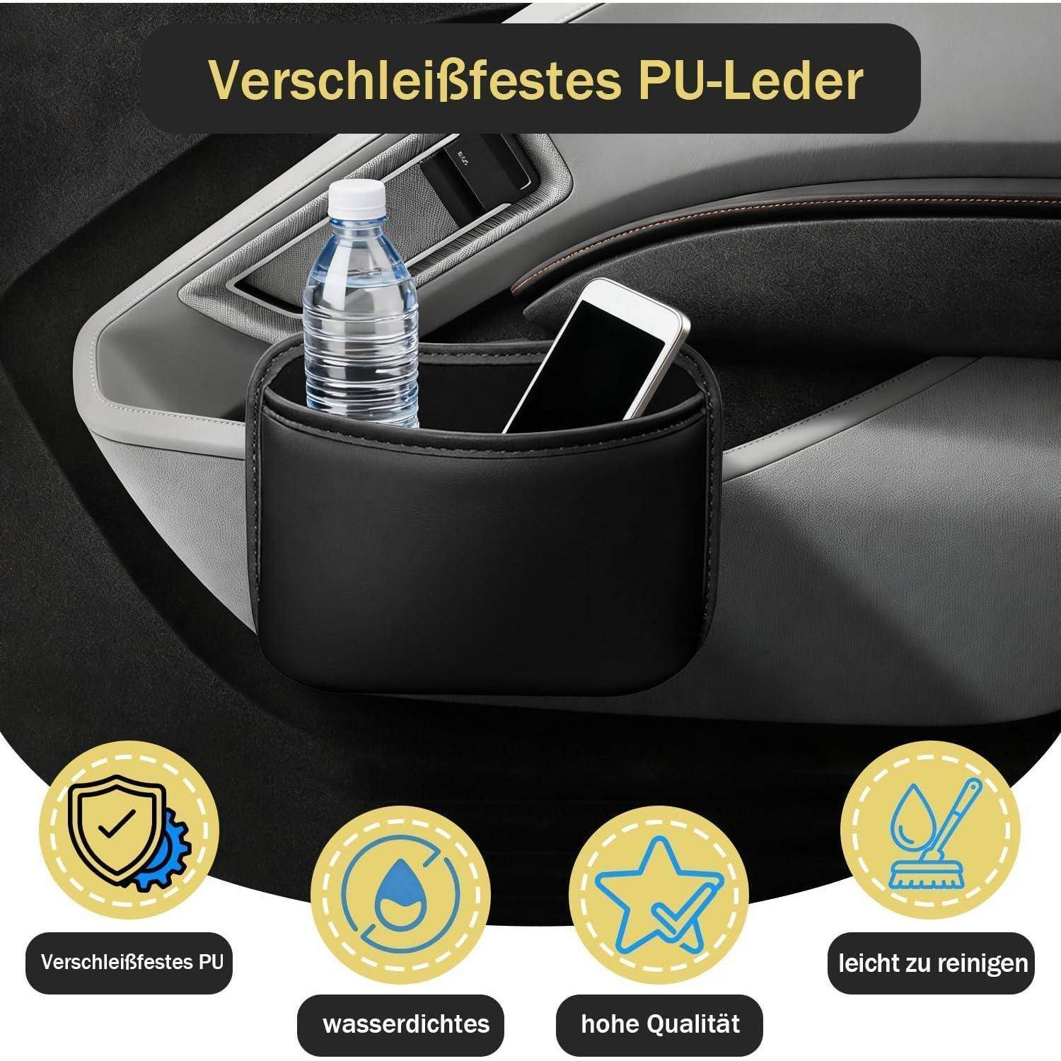 Türstaufach aus verschleißfestem PU-Leder, das eine Wasserflasche und ein Telefon aufnehmen kann; der deutsche Text hebt Haltbarkeit, Wasserdichtheit, Qualität und einfache Reinigung hervor.