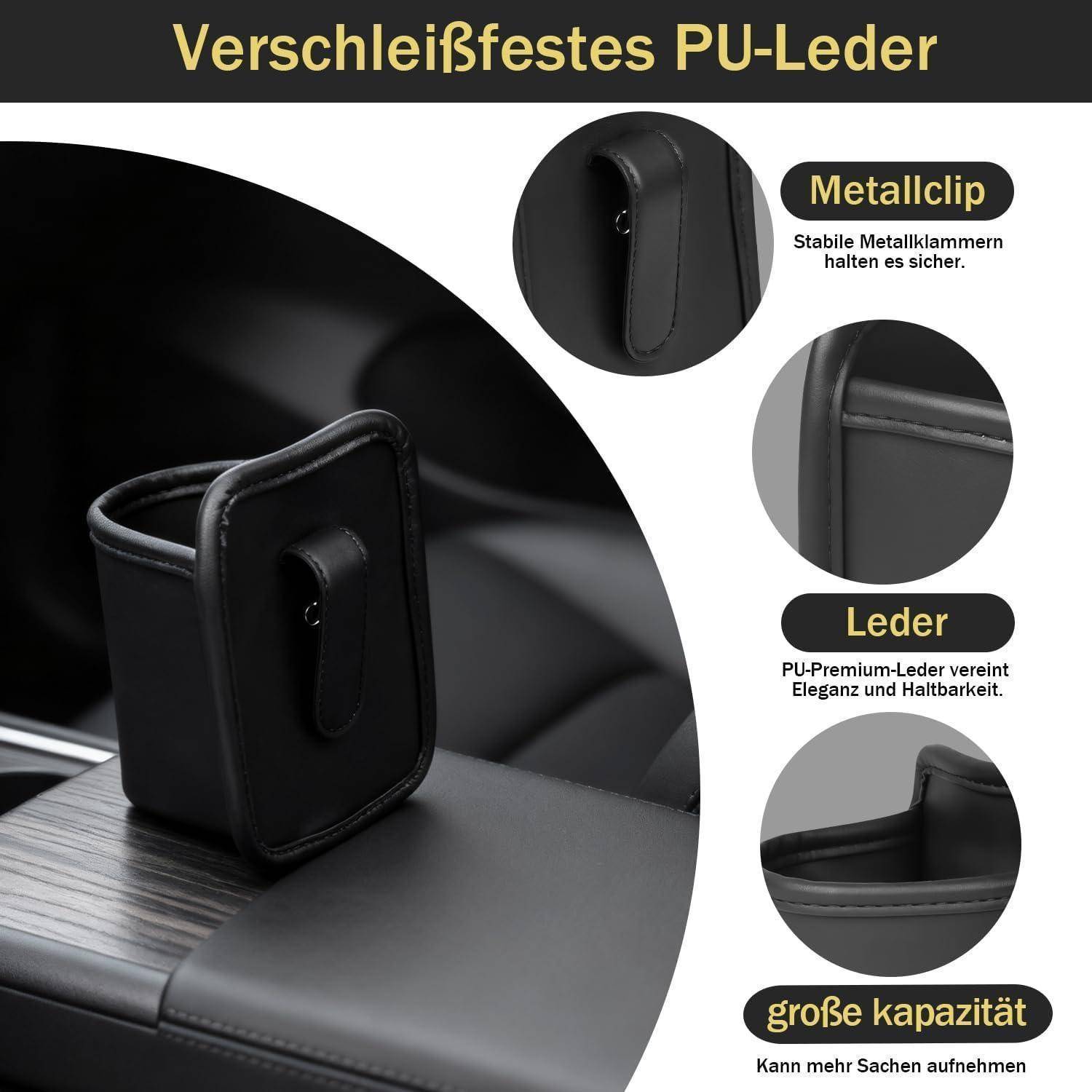 Schwarzer PU-Leder-Autooganizer mit Metallclip, dargestellt in Großaufnahmen und Detailkreisen, beschriftet in deutscher Sprache als „verschleißfestes PU-Leder