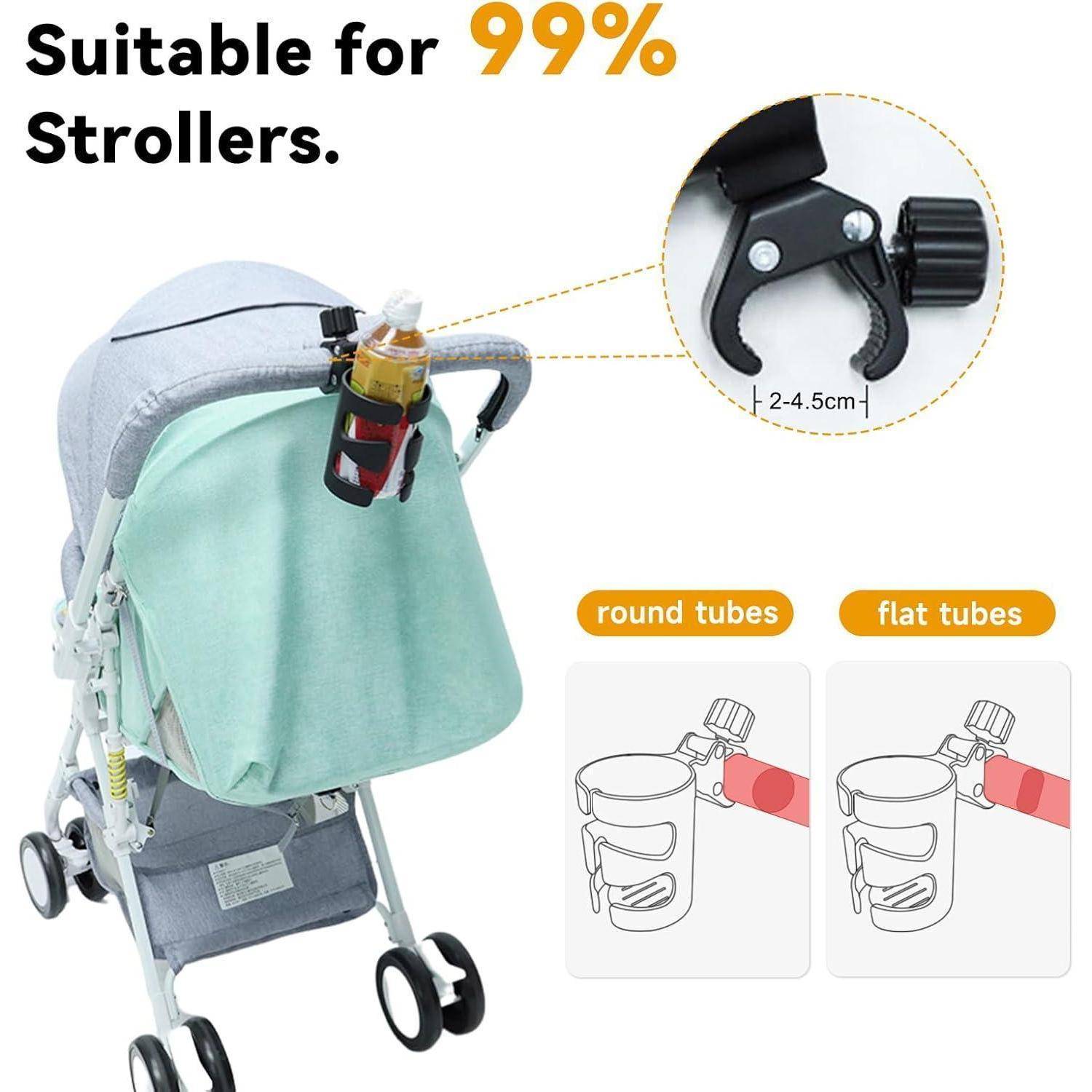 Kinderwagenbecherhalter-Clip-Befestigung, gekennzeichnet als „Geeignet für 99% Kinderwagen