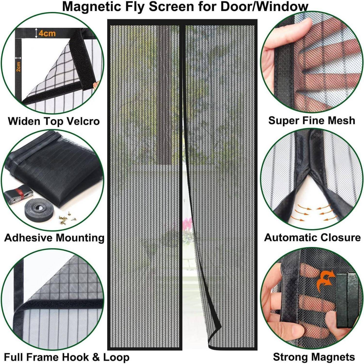 Werbegrafik für ein magnetisches Fliegengitter für Türen/Fenster mit einem Mesh-Vorhang mit automatischem Verschluss, starken Magneten, Klett-Befestigung und Klebemontage.