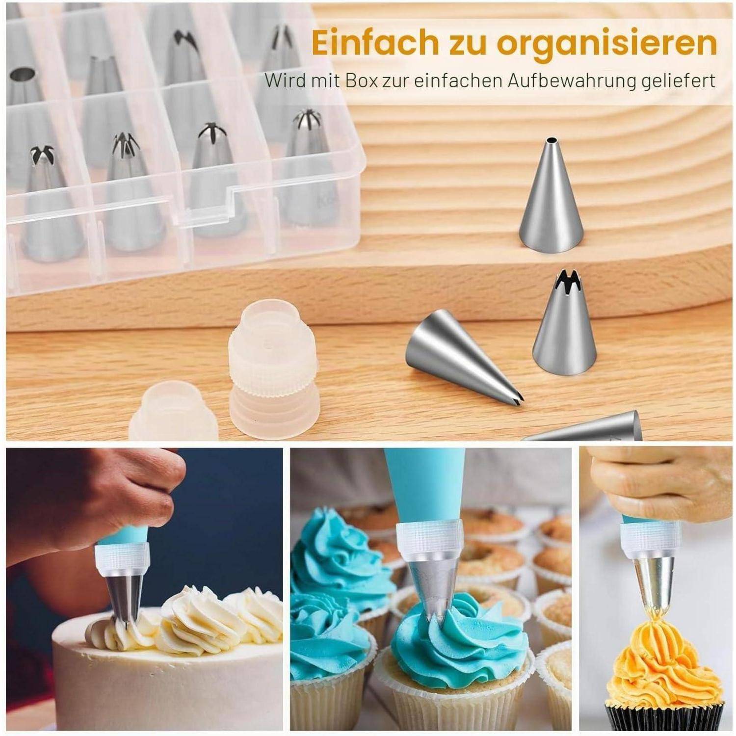 Collage mit einer wiederverwendbaren Aufbewahrungsbox mit Metallspritztüllen und Cupcakes, die mit Frosting unter Verwendung verschiedener Tüllen verziert werden.