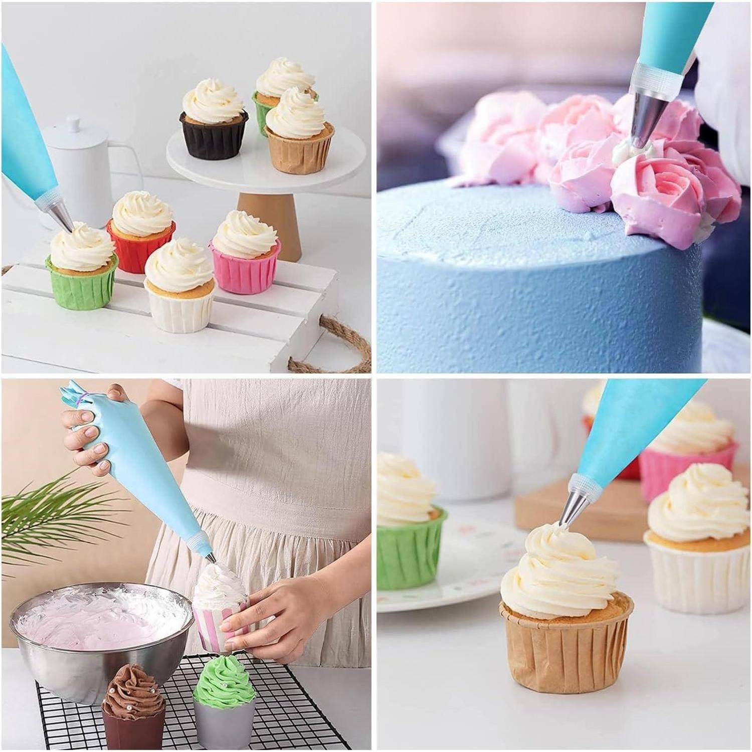 Collage einer blauen Spritzbeutel, die Cupcakes und einen Kuchen mit Buttercreme-Blumen und Wirbeln verziert, zeigt die Kuchendekoration in Arbeit.