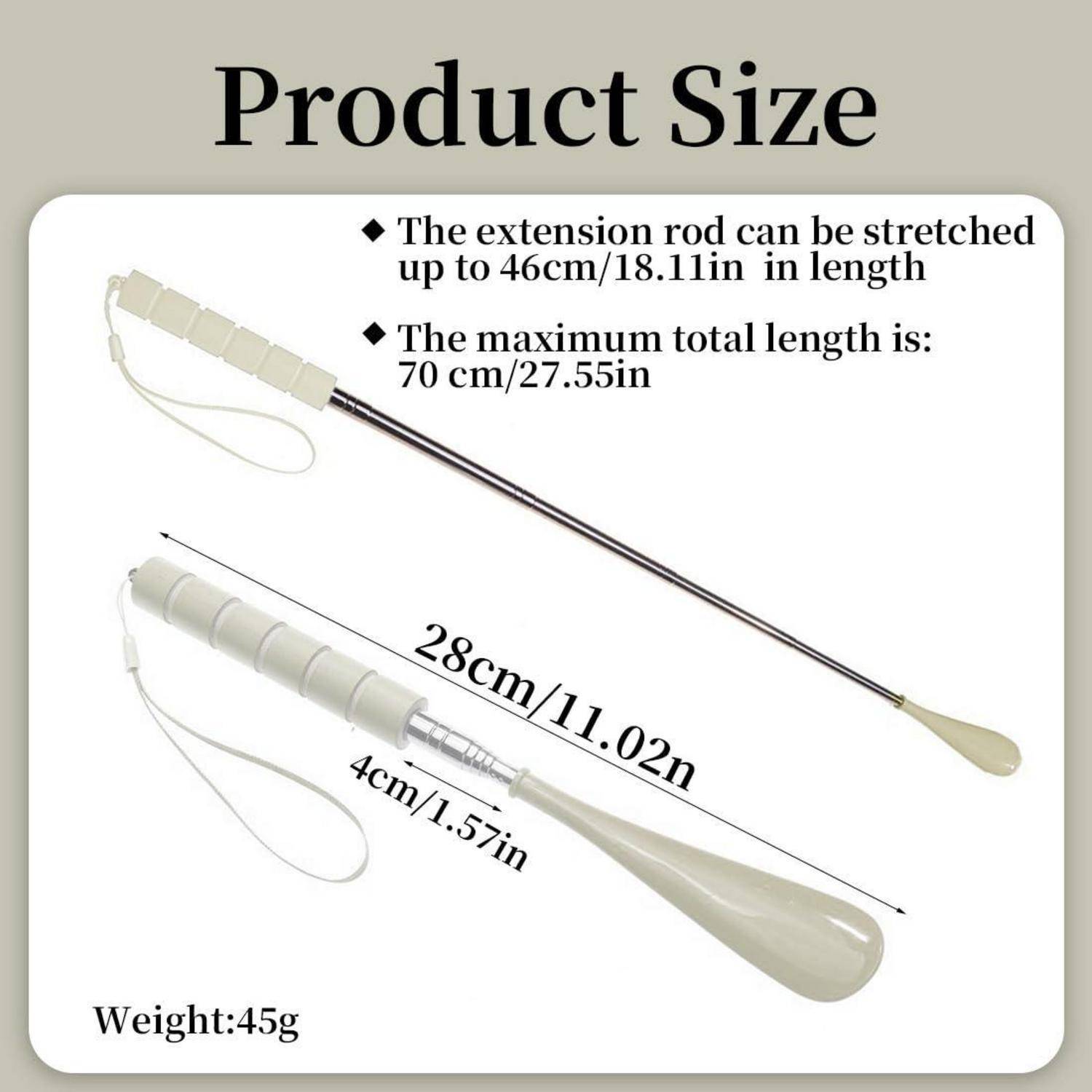 Produktgrößendiagramm einer Teleskopverlängerungsstange mit maximaler Länge 70 cm, Stange erstreckt sich auf 46 cm, eingeklappte Länge 28 cm, Gewicht 45 g.
