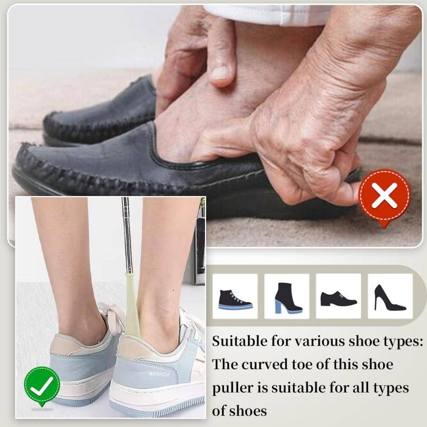 Illustration mit einem Schuhanzieher zum Anziehen von Schuhen; eine falsche Methode ist mit einem X gekennzeichnet und die richtige Methode mit einem Häkchen, wobei es mit verschiedenen Schuhtypen funktioniert.