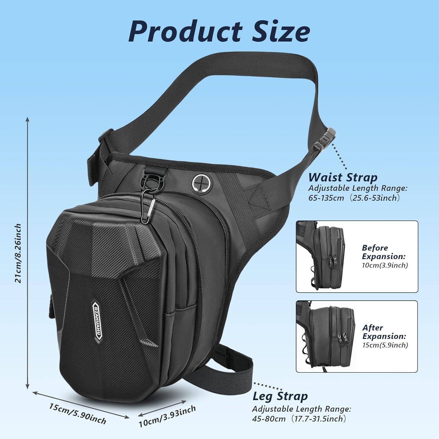 Größendiagramm einer schwarzen Crossbody-Beintasche mit Abmessungen von 21cm Höhe, 15cm Breite, 10cm Tiefe, verstellbarem Taillenriemen von 65-135cm und Beinriemen-Erweiterung von 10cm auf 15cm.
