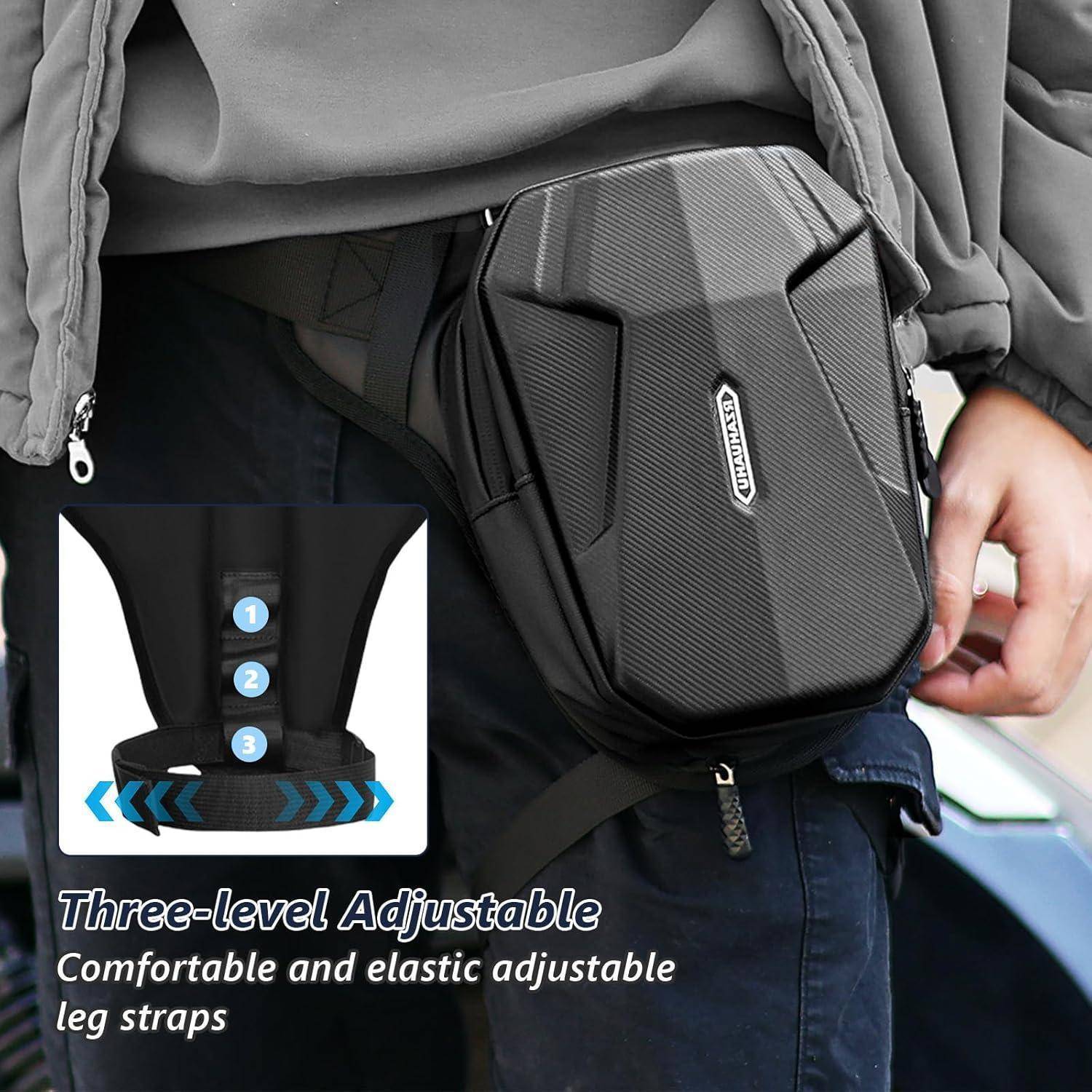 Schwarze Oberschenkeltasche mit dreistufigen verstellbaren Beintragegurten, gezeigt an der Hüfte einer Person mit einer Vergrößerung zur Hervorhebung der Gurtsverstellung.
