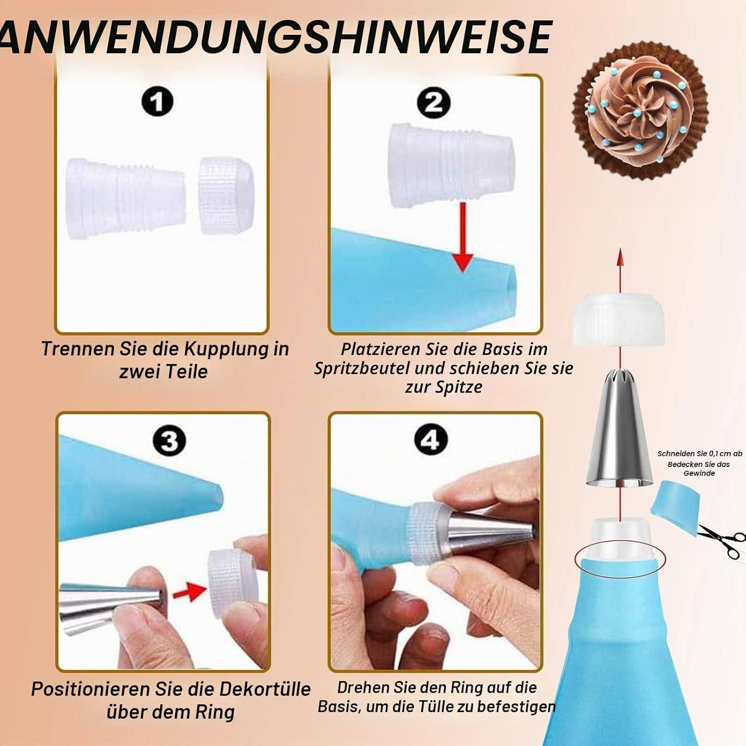 Anleitung zum Spritzbeutel-Aufsatz in 4 Schritten: Den Kupplung trennen, in den Spritzbeutel einführen, den Dekorierspitze über den Ring aufsetzen und zum Sichern drehen.