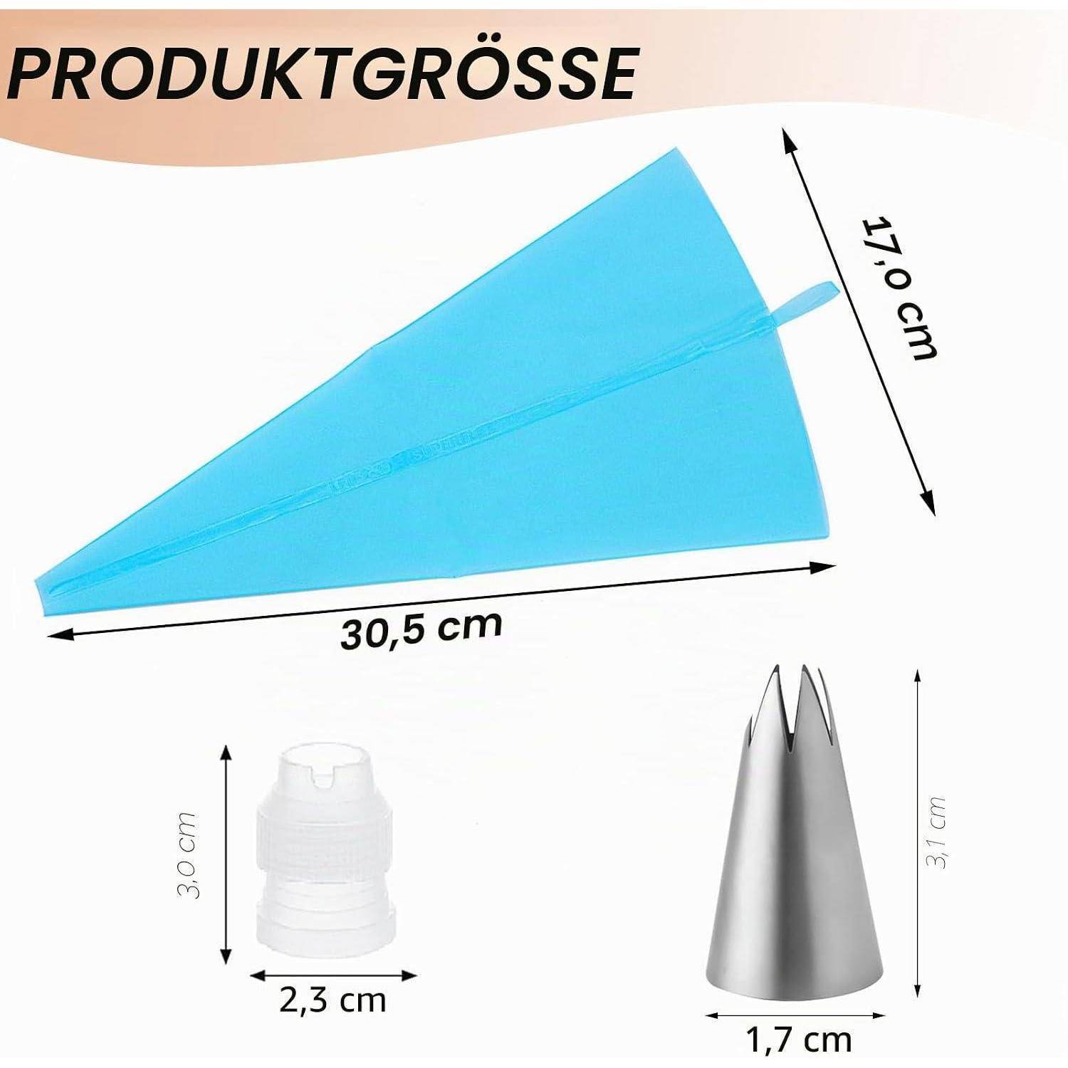 Produktgrößen-Diagramm für einen blauen Spritzbeutel mit den Abmessungen 30,5 cm x 17,0 cm, plus Spitzengröße 3,0 cm x 2,3 cm und 3,7 cm x 1,7 cm.