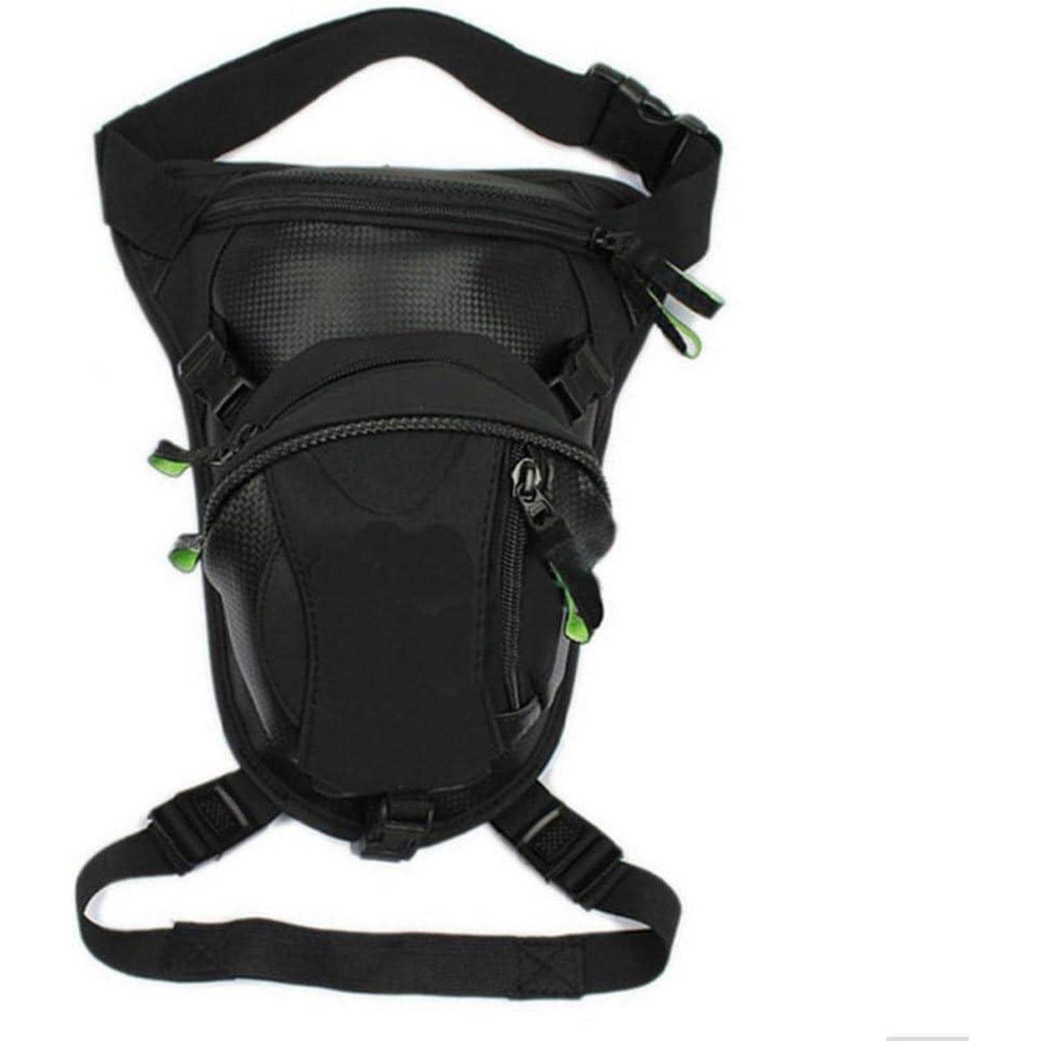 Schwarze Bein- oder Oberschenkel-Holster-Tasche mit verstellbaren Riemen und Reißverschlusstaschen, auf weißem Hintergrund dargestellt.
