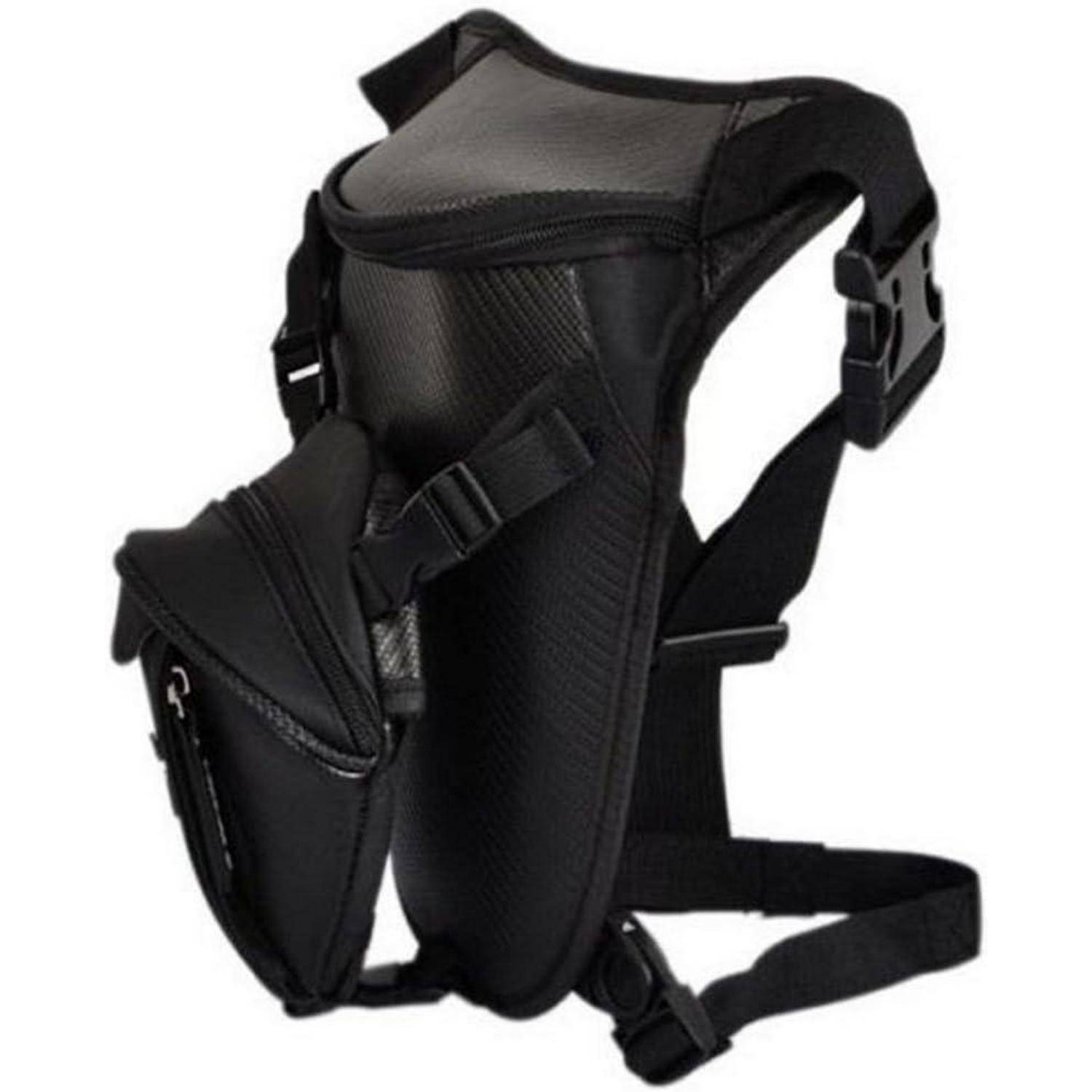 Schwarze taktische Oberschenkeltasche mit verstellbaren Riemen und Schnallenverschlüssen, isoliert auf weißem Hintergrund dargestellt.