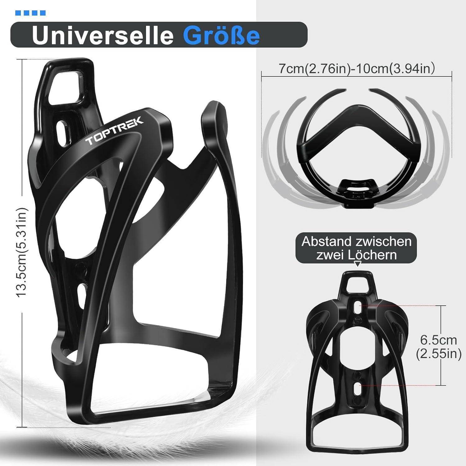 Produktdiagramm eines schwarzen TOPTREK-Flaschenhalters mit 