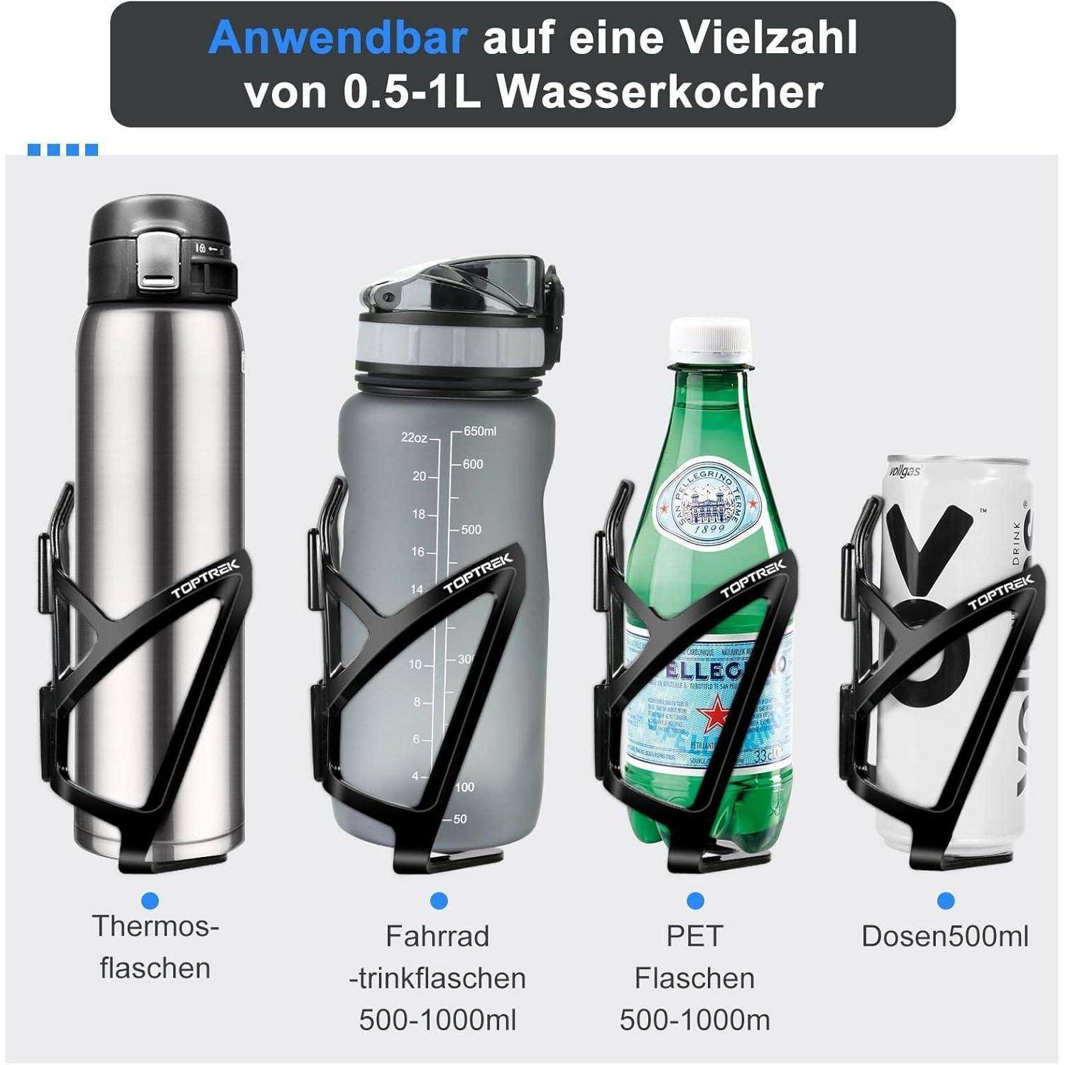 Illustration eines Flaschenhalters für 0,5-1L Wasserflaschen, dargestellt mit einer Thermoskanne, Fahrradflasche, PET-Flasche und einer 500ml-Dose.