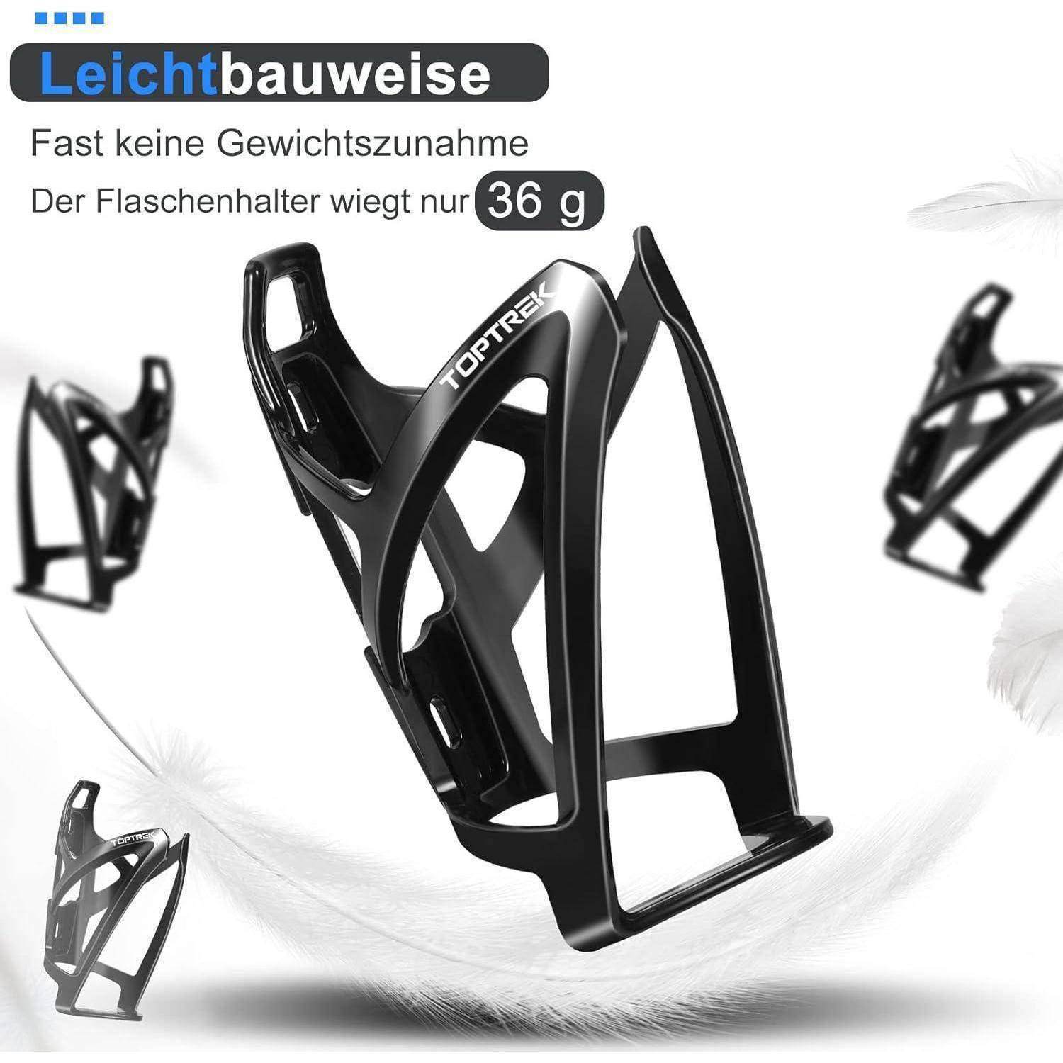 Werbebild eines schwarzen TOPTREK-Flaschenhalters für Fahrräder mit der Beschriftung 