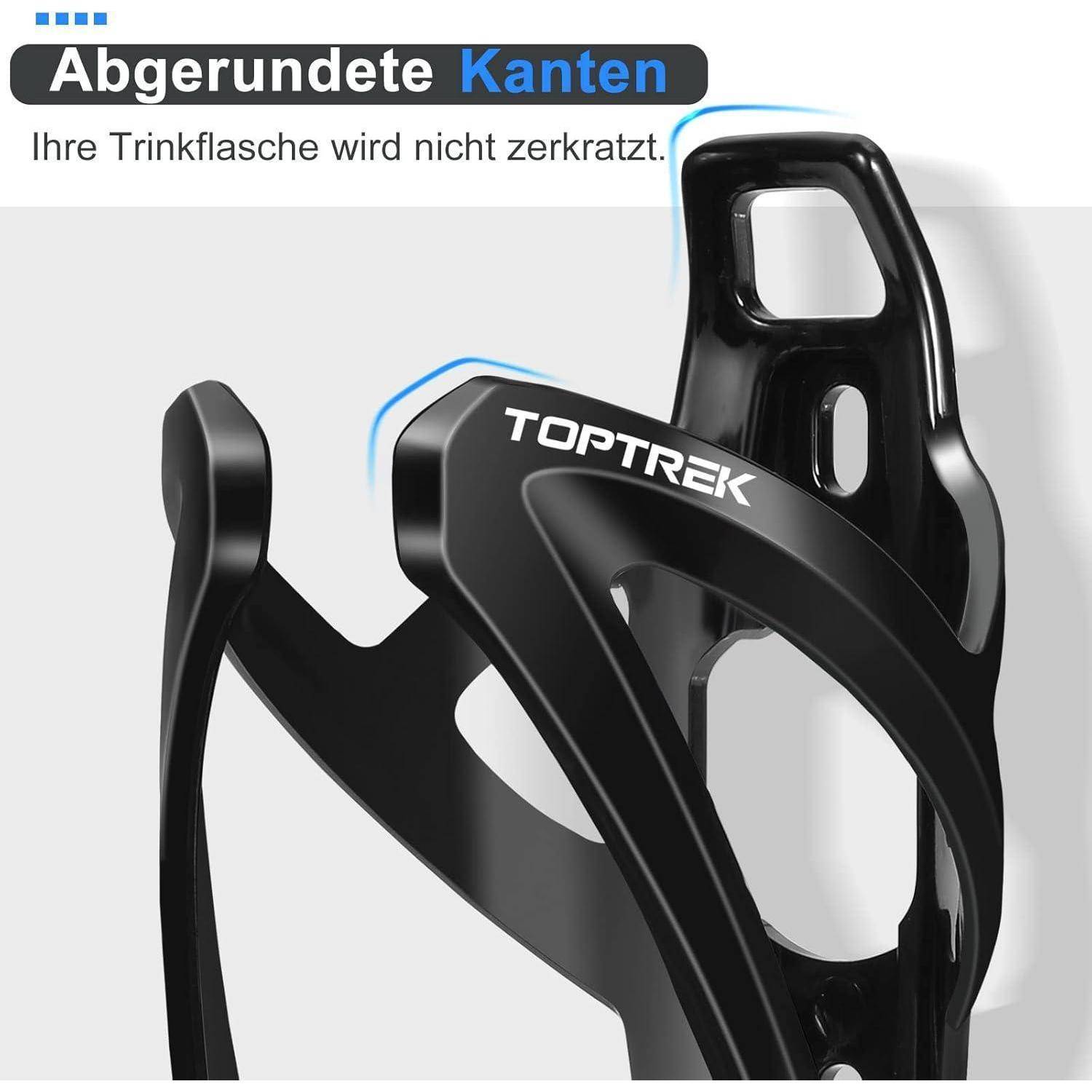 # Schwarze TopTrek-Flaschenhalter mit abgerundeten Kanten, hervorgehoben als kratzerfreiheit für Wasserflaschen; deutscher Text liest sich 'Abgerundete Kanten' und 'Ihre Wasserflasche wird nicht zerkratzt.