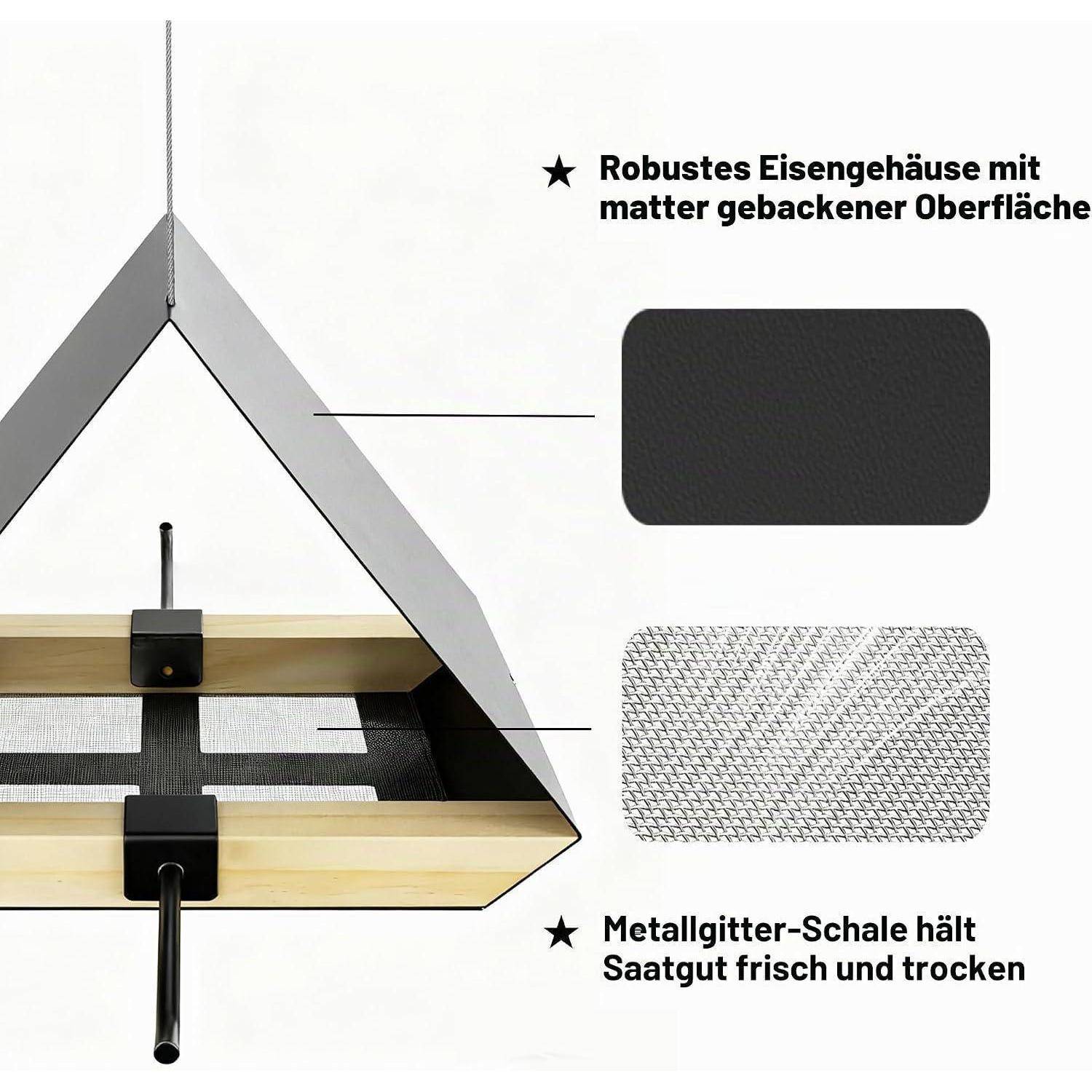 Diagramm eines hängenden Metallfutterautomaten, das ein robustes pulverbeschichtetes Eisengehäuse und ein Metallgitter-Tablett zeigt, das Samen frisch und trocken hält.
