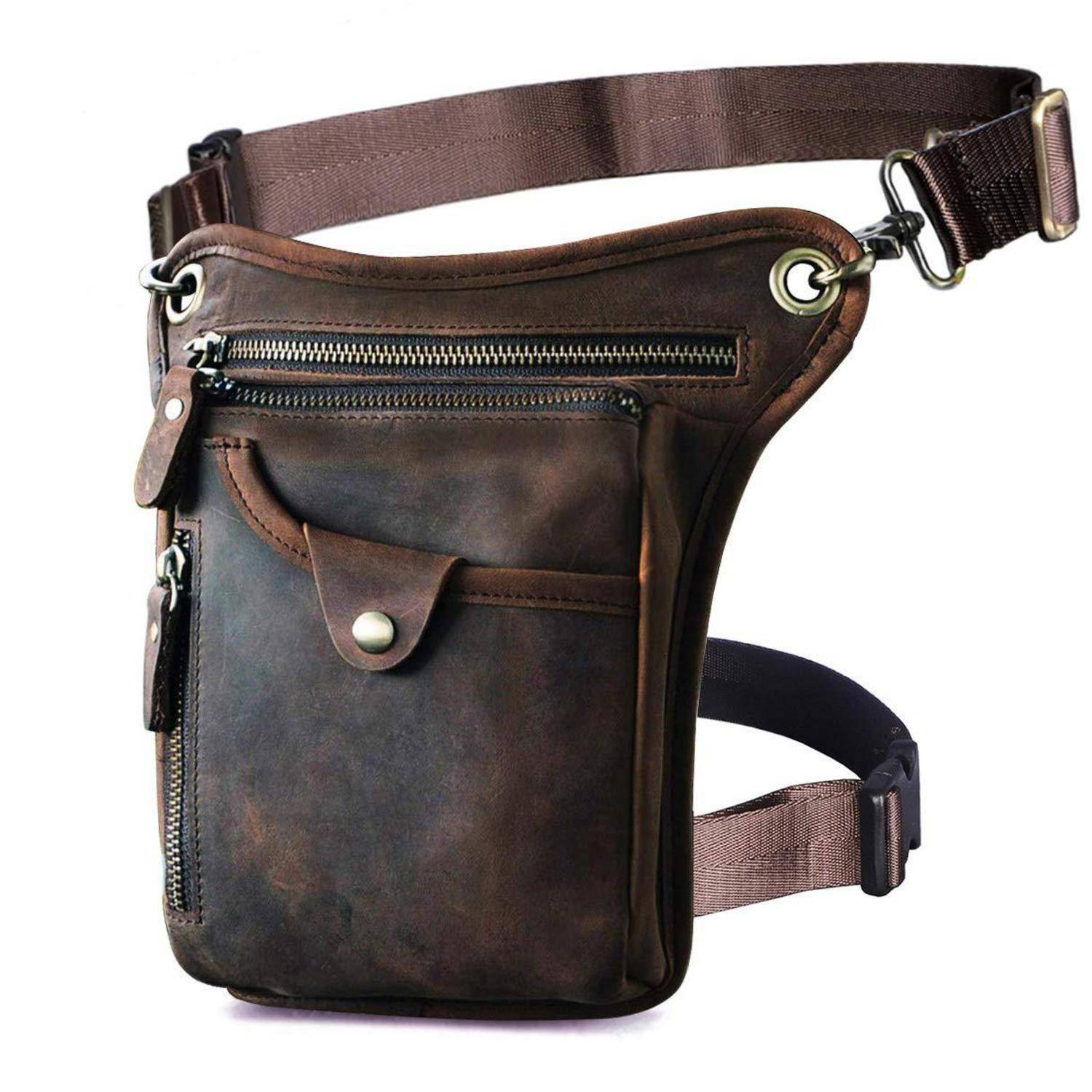 Braune Ledertasche zum Umhängen mit verstellbarem Riemen, mehreren Reißverschlusstaschen und Klapptaschen.