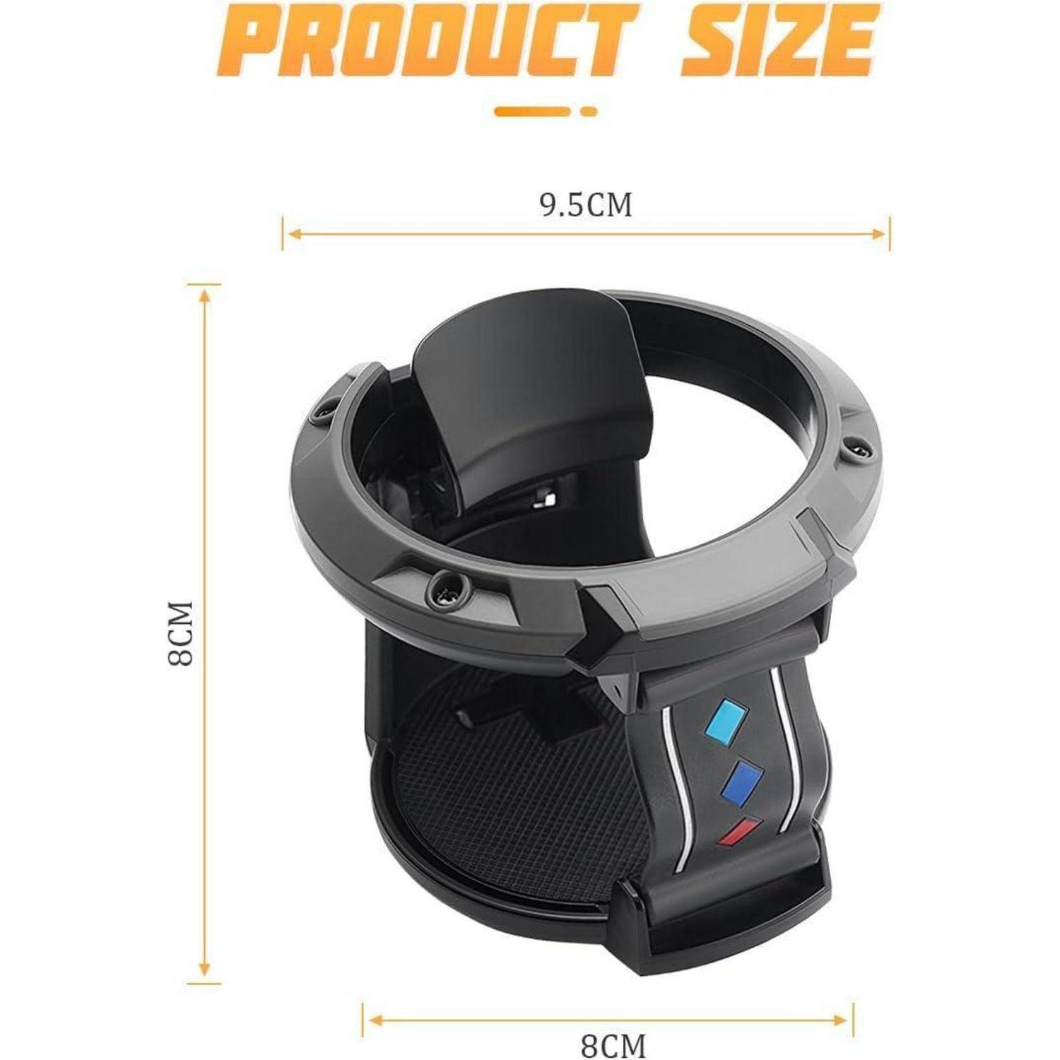 Produktgrößendiagramm einer schwarzen Getränkehalter-Erweiterung für Autos, das eine Breite von 9,5 cm und eine Höhe von 8 cm sowie eine Basisbreite von 8 cm zeigt.