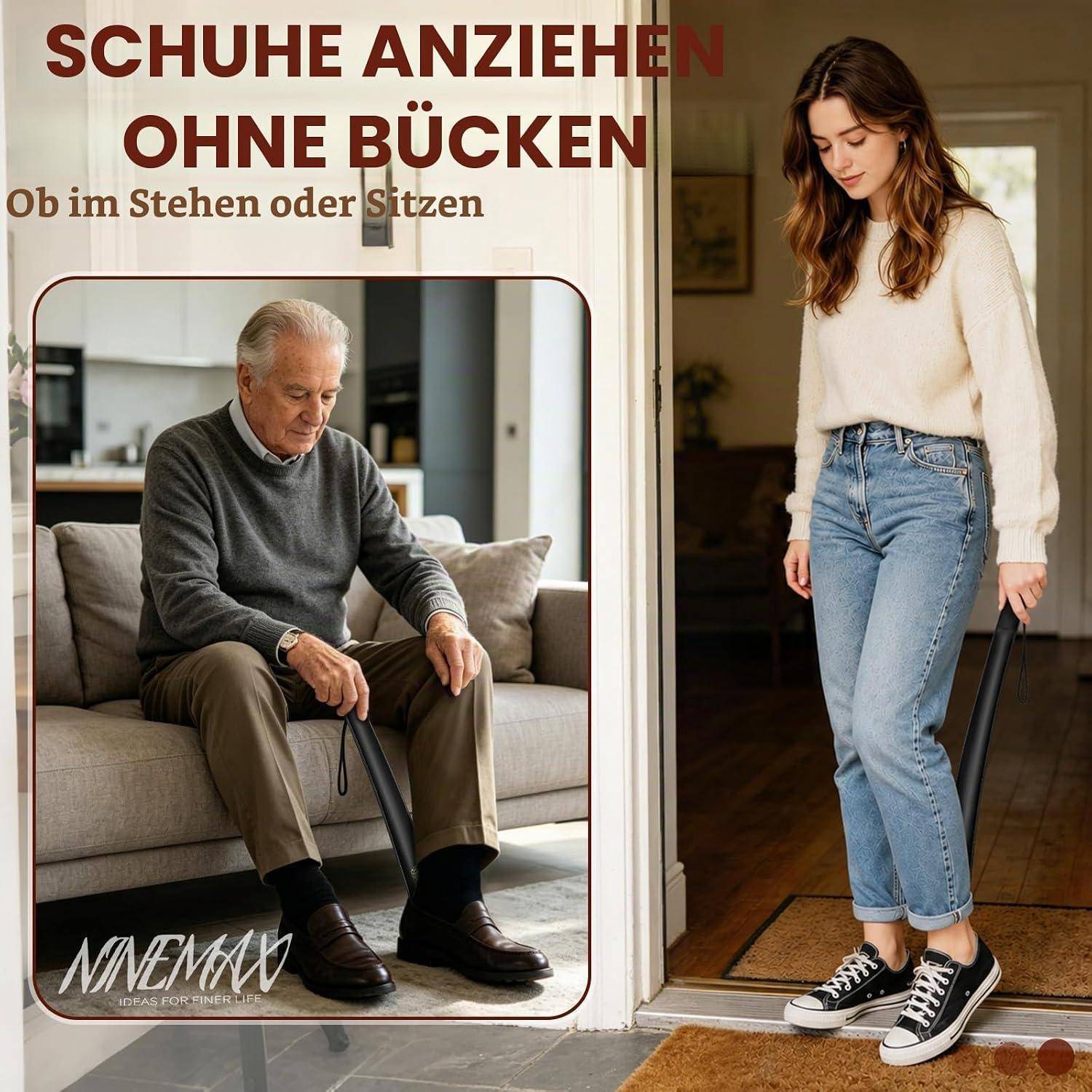Promotionsbild mit einem sitzenden älteren Mann und einer stehenden jungen Frau, die einen Schuhlöffel verwenden, um Schuhe anzuziehen, ohne sich zu bücken, mit deutschem Text „SCHUHE ANZIEHEN OHNE BÜCKEN