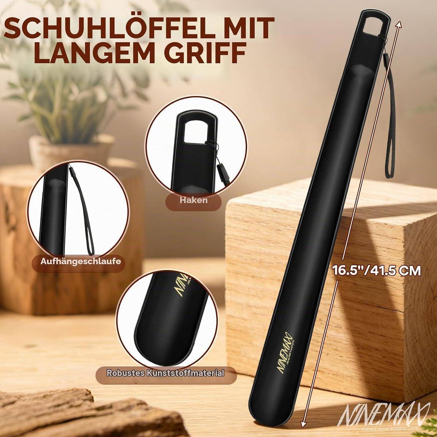 Produktabbildung eines Schuhanhebers mit langem Griff, auf Deutsch beschriftet, mit Haken, Aufhängeschlaufe, strapazierfähigem Kunststoff und Größe 16,5 Zoll / 41,5 cm.
