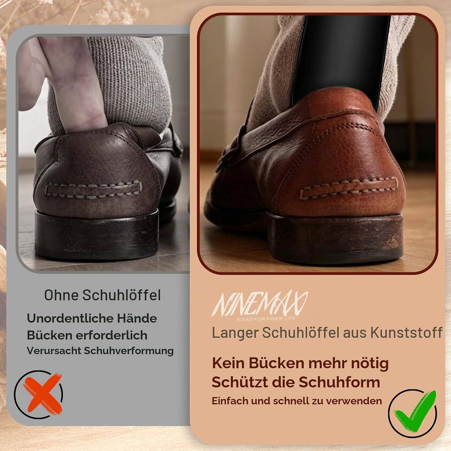 Geteiltes Bild, das Schuhabsätze mit und ohne einen langen Kunststoff-Schuhlöffel vergleicht; links ist angegeben, dass kein Schuhlöffel zu gekrümmten, unordentlichen Händen und Schuhverformung führt, rechts ist angegeben, dass ein Schuhlöffel die Form bewahrt und einfach zu bedienen ist.