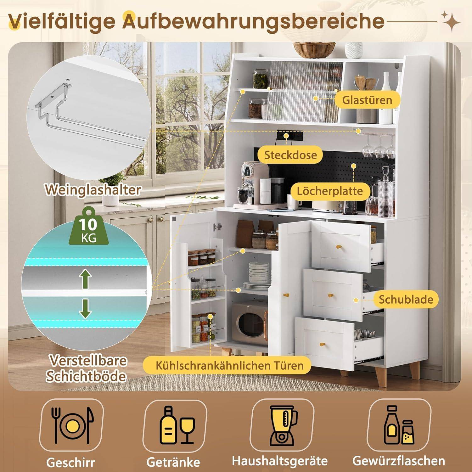 Illustration eines Multifunktions-Küchenschranks mit gekennzeichneten Funktionen: Glastüren, Steckdose, Lochrasterplatte, Schublade, verstellbare Regale und kühlschrankähnliche Türen; Symbole zeigen die Lagerung von Geschirr, Getränken, Geräten und Gewürzflaschen.