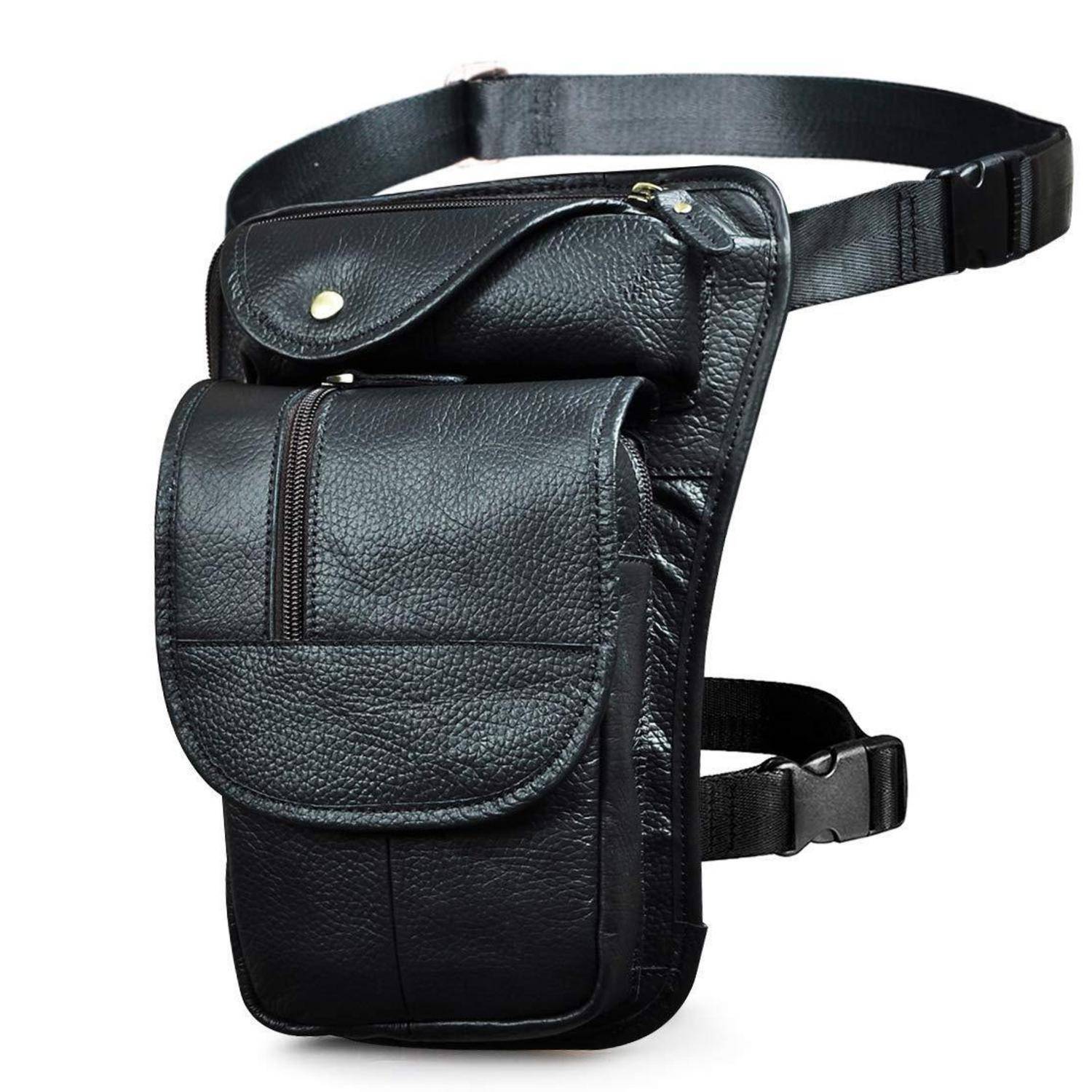 Schwarze Lederoberschenkel-Holster-Tasche mit verstellbaren Taillen- und Beinriemen, ausgestattet mit mehreren Reißverschluss- und Klapptaschen.
