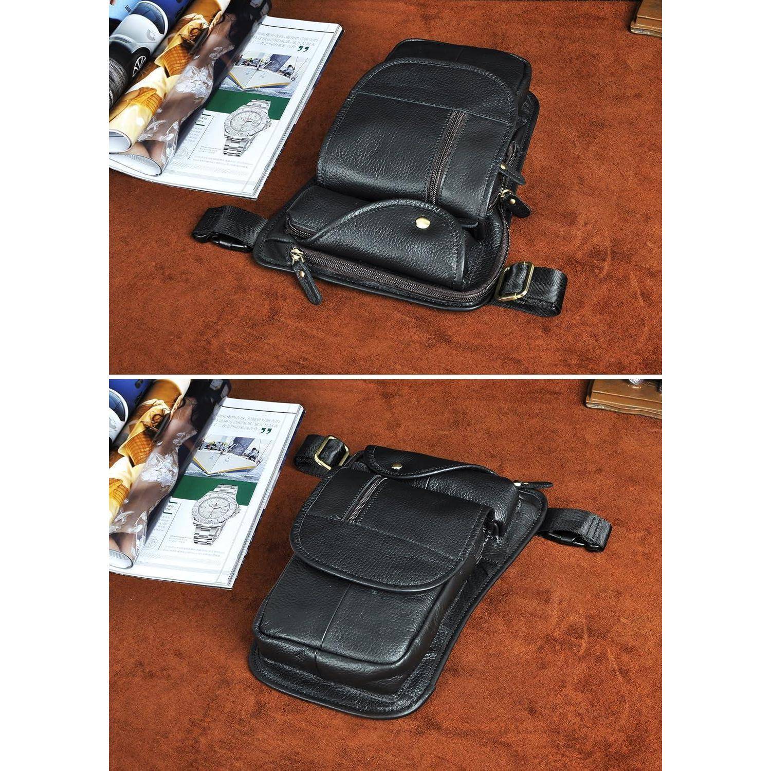 Zwei Fotos zeigen eine schwarze Ledertasche zum Umhängen auf einem braunen Tisch, mit einer Klapptasche und verstellbarem Riemen, der flach neben Zeitschriften liegt.